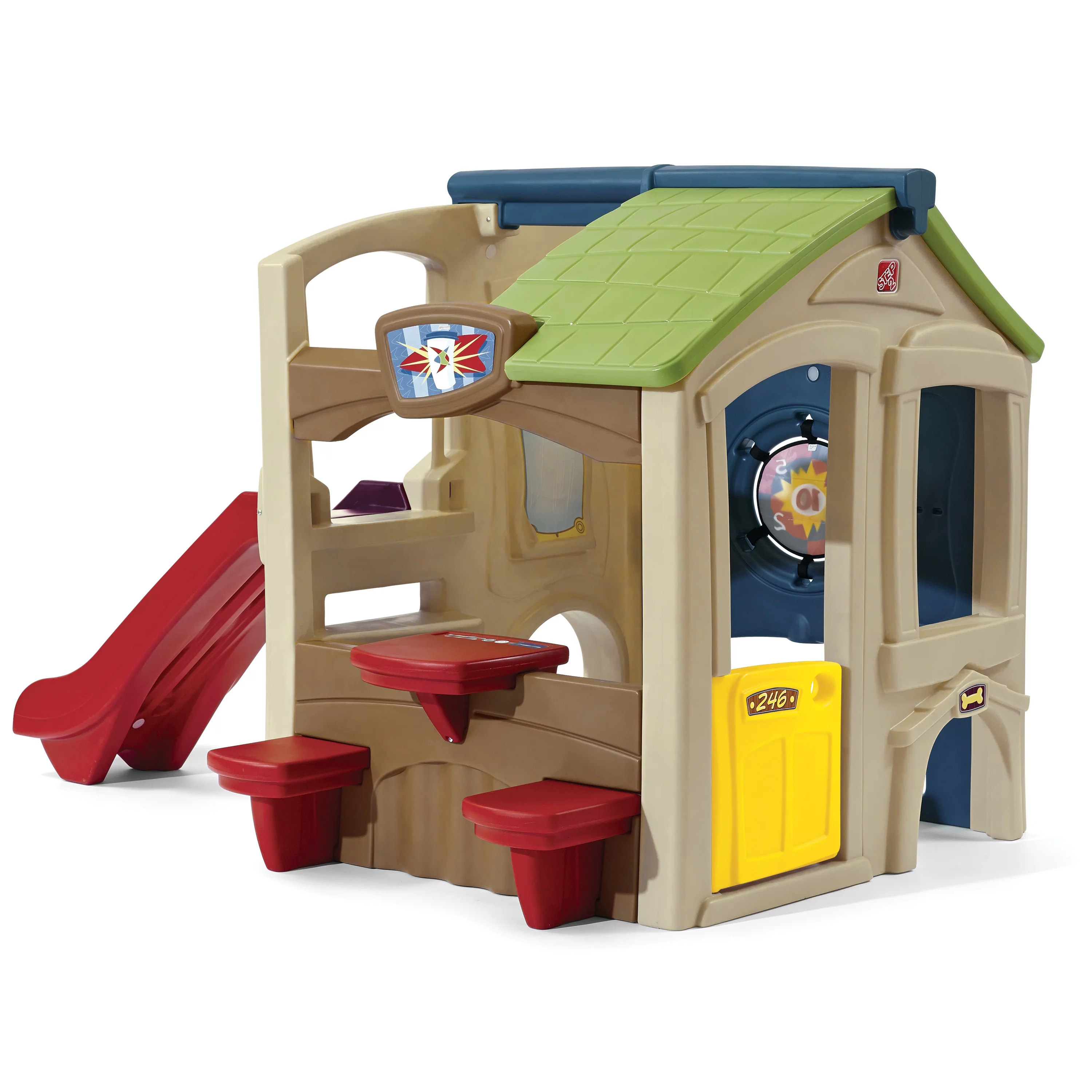 Step2 Neighborhood Fun Center Brown Playhouse with Slide Plastic Kids Outdoor Toys