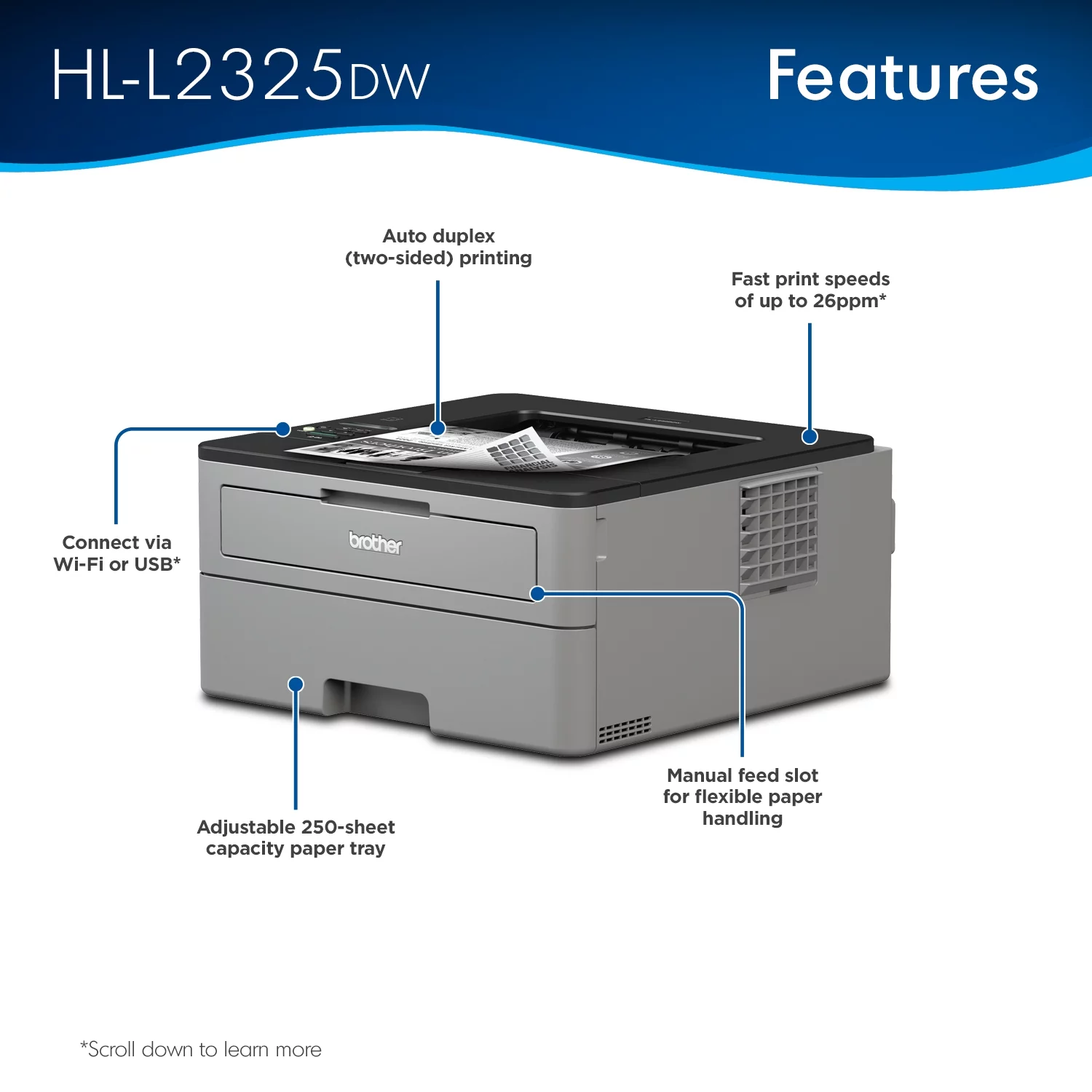 Brother HL-L2325DW Monochrome Laser Printer, Wireless Networking, Duplex Printing