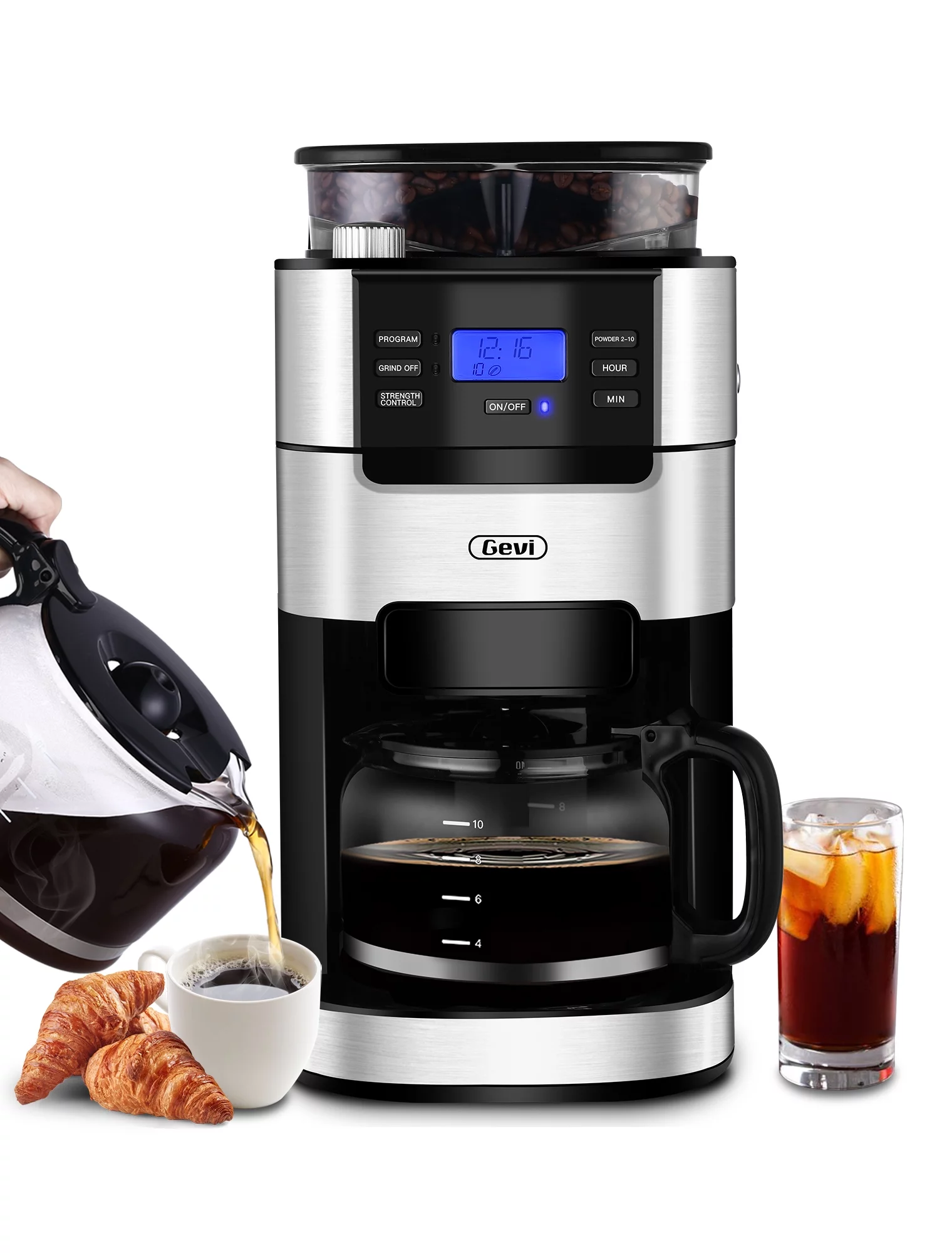 GEVI 10-Cup Programmable Grind and Brew Coffee Maker, Drip Coffee Make, Automatic Coffee Machine with Built-In Burr Coffee Grinder