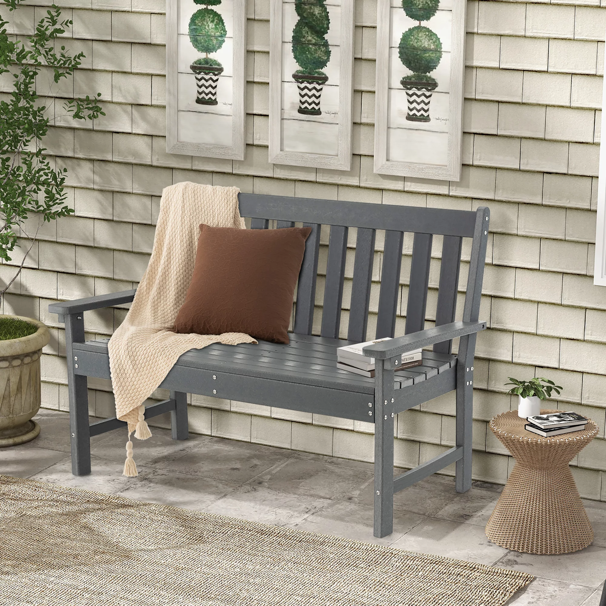 Costway Garden Bench All-Weather HDPE 2-Person Outdoor Bench for Front Porch Backyard