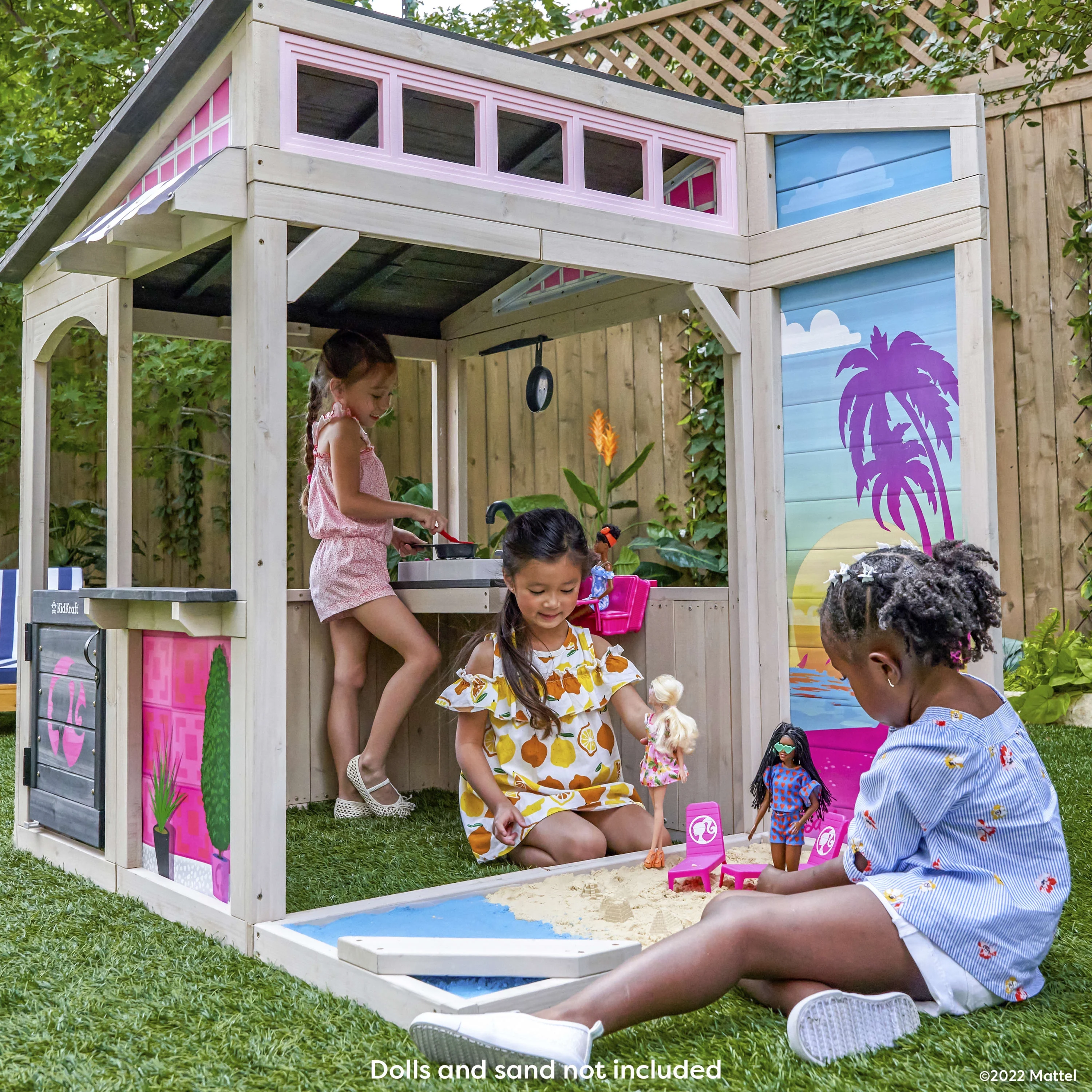 KidKraft Barbie Seaside Wooden Outdoor Playhouse with Attachable Doll Table and Chairs