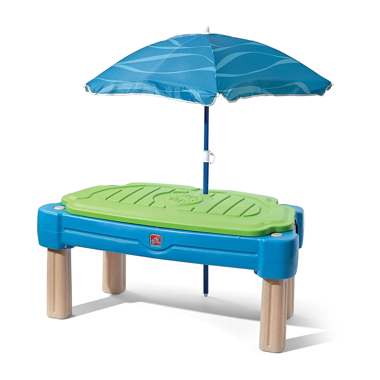 Step2 Cascading Cove Blue Plastic Sandbox and Water Table for Toddlers with Cover and Umbrella