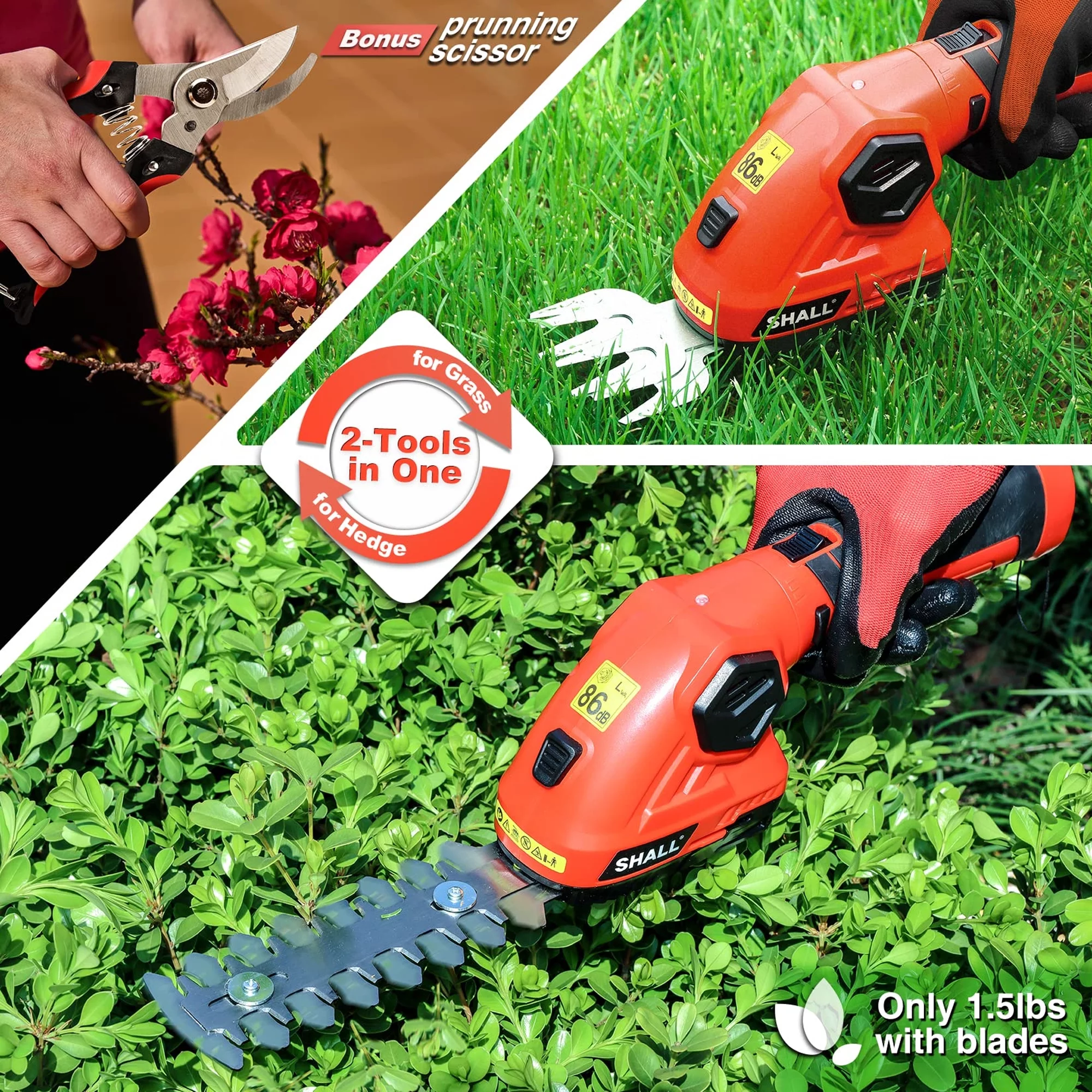 SHALL Hedge Trimmer Cordless & Garden Shears – 7.2V Electric Shrub Trimmer 2 in 1 Garden Clippers Handheld Hedge Trimmers, Hedge Clippers Grass Cutter W/ Pruning Scissor