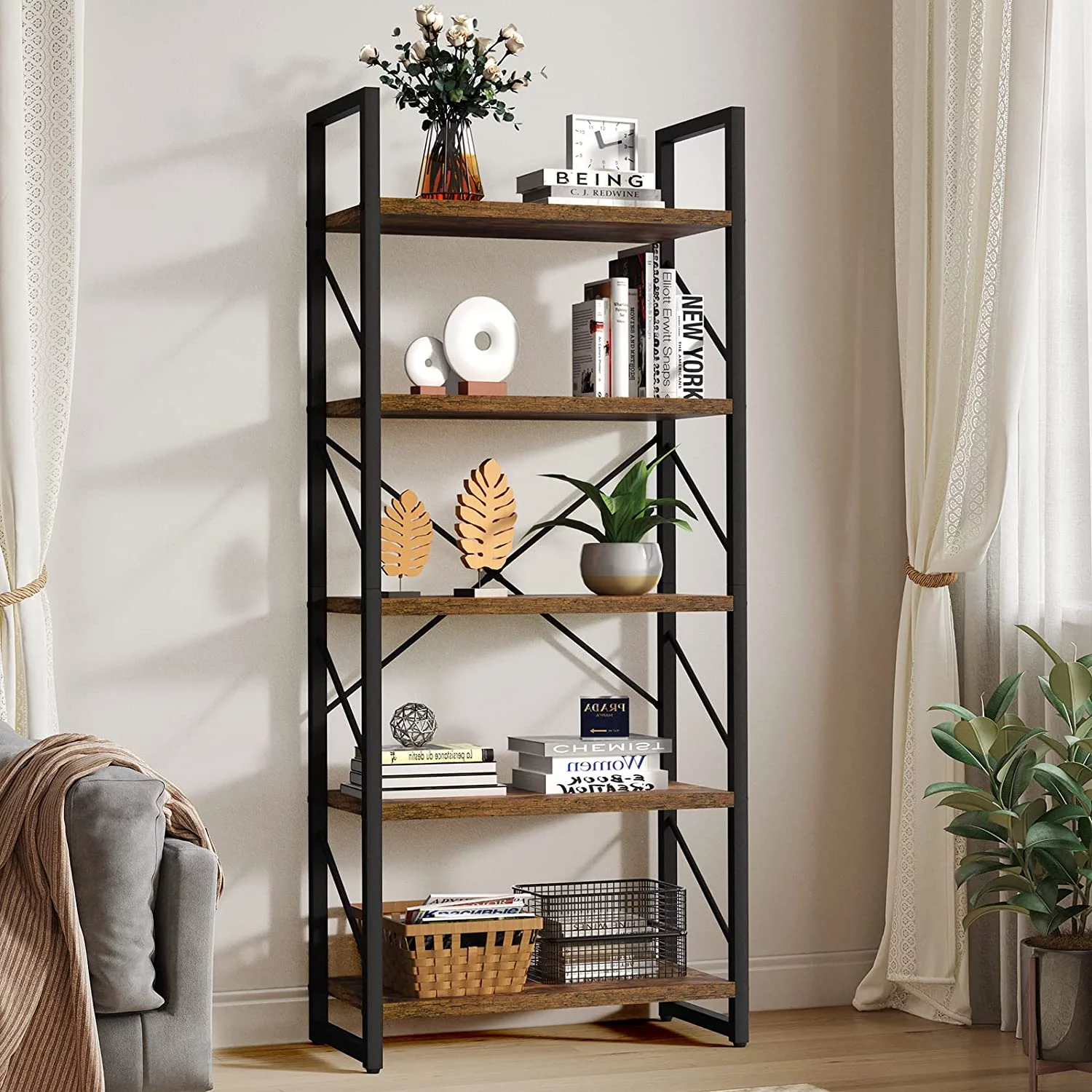 Dextrus 5-Tier Bookcase Storage Shelves, 65 in Ladder Bookshelf, Industrial Furniture for Bedroom Living Room Office, Charcoal Gray &Black