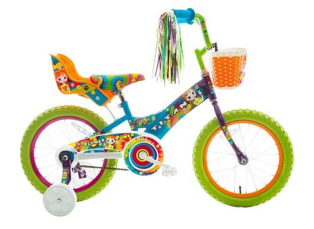 Titan Girl’s Flower Power Princess 16 In. BMX Bike with Training Wheels, Doll Seat, Basket and Streamers