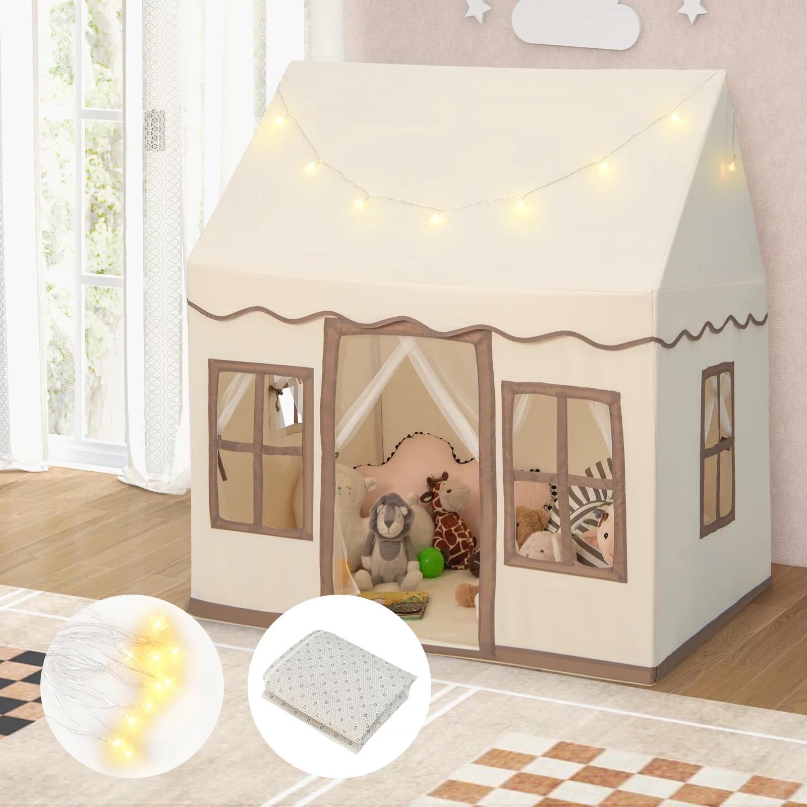 Costway Kids Play Castle Tent Large Playhouse Toys Gifts with Star Lights Washable Mat Beige