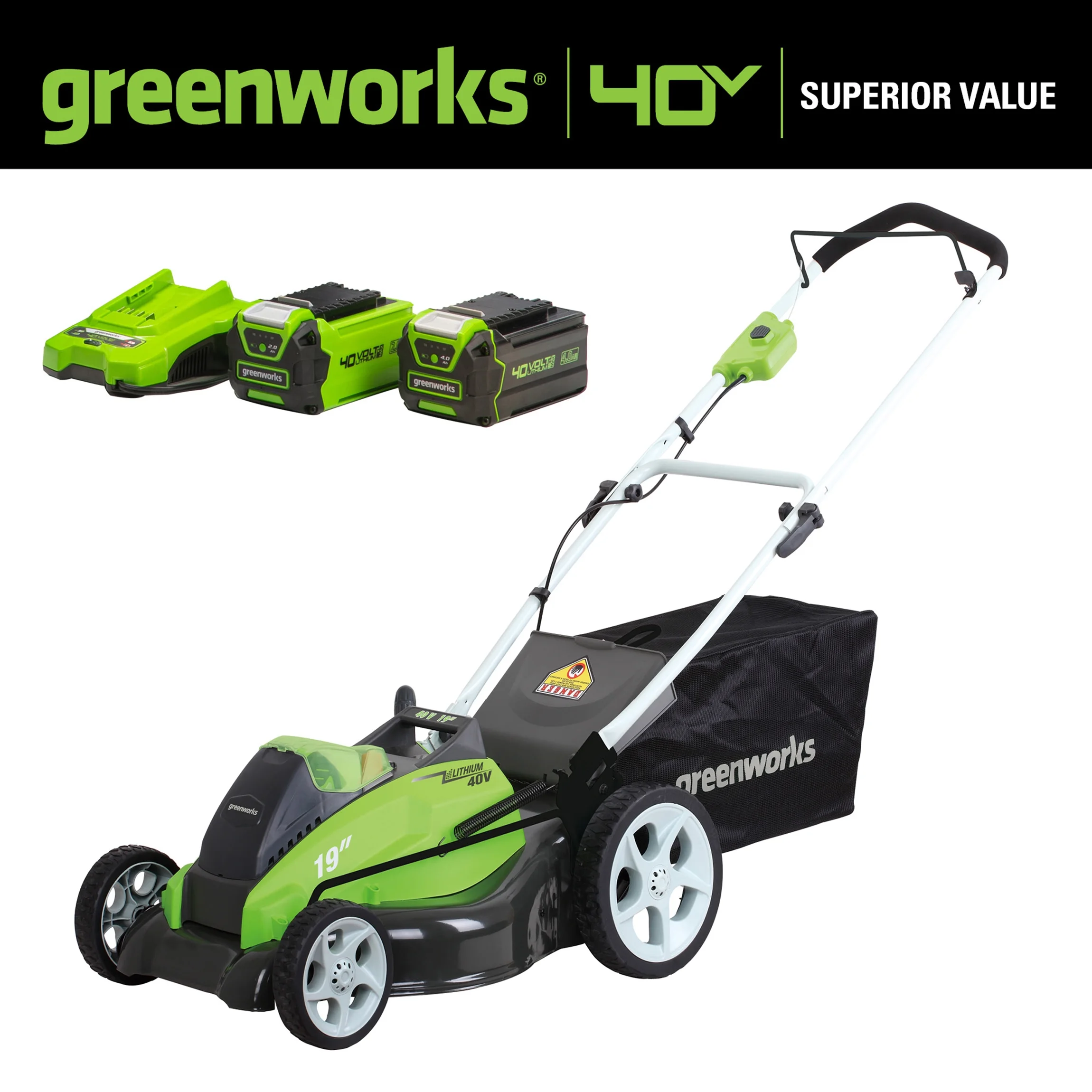 Greenworks 40V 19″ Brushless Walk-Behind Lawn Mower with 4.0 Ah Battery & Charger 2524902