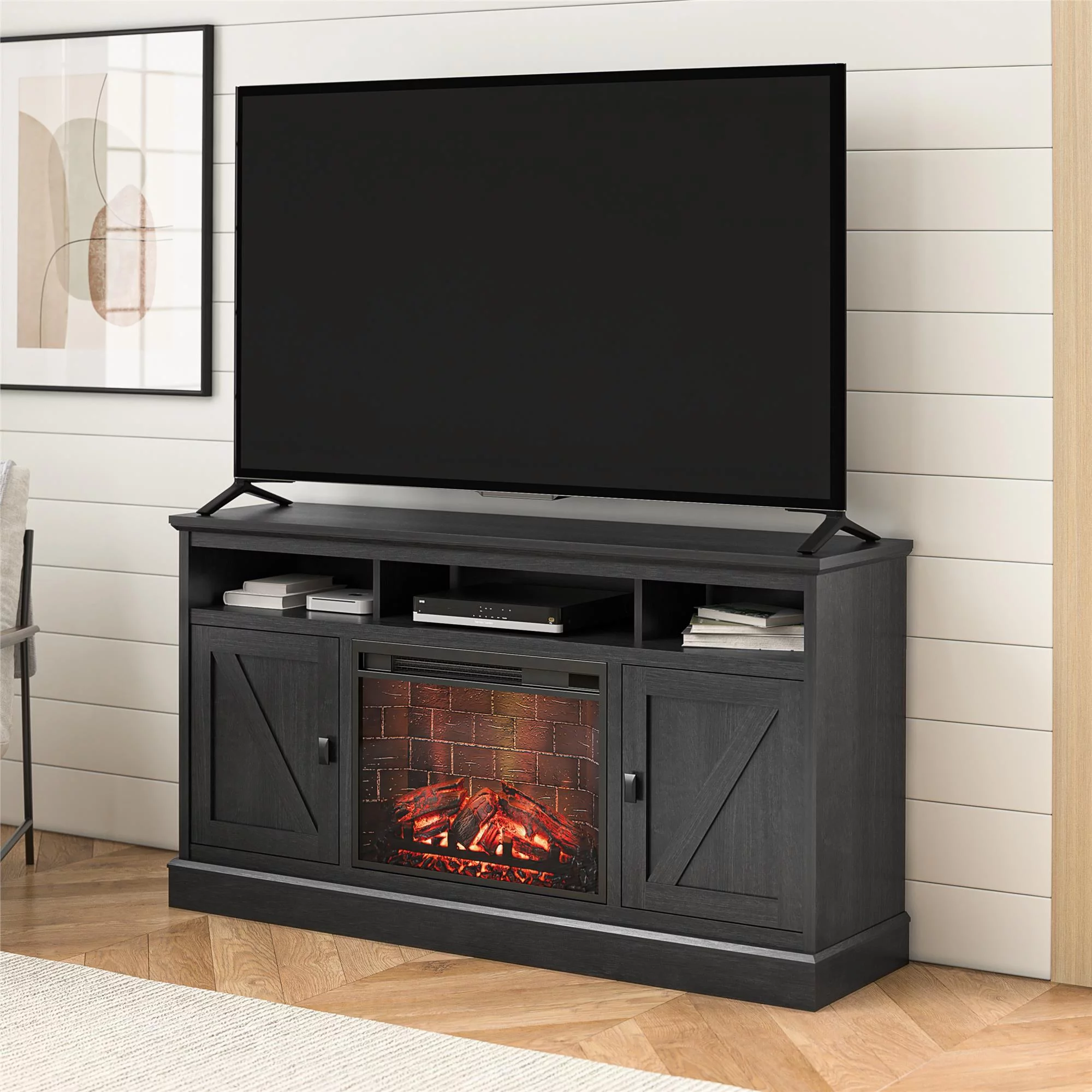 Ameriwood Home Ashton Lane Electric Fireplace TV Stand for TVs up to 65″, Black Oak