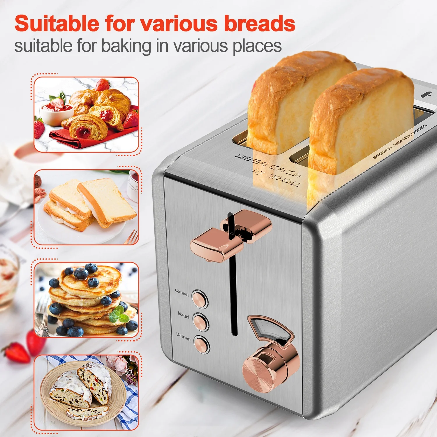 WHALL 2 Slice Toaster – Stainless Steel Toaster with Wide Slot, 6 Shade Settings, Bagel Function, Removable Crumb Tray