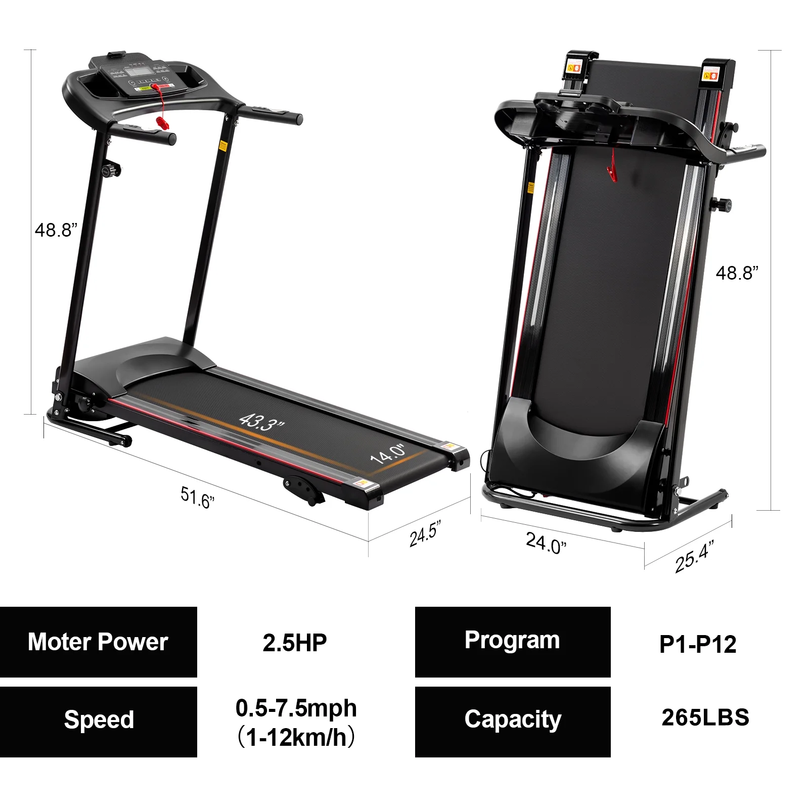 LONGGLE Folding Treadmill with Incline & Screen, 2.5 HP Treadmill for Home