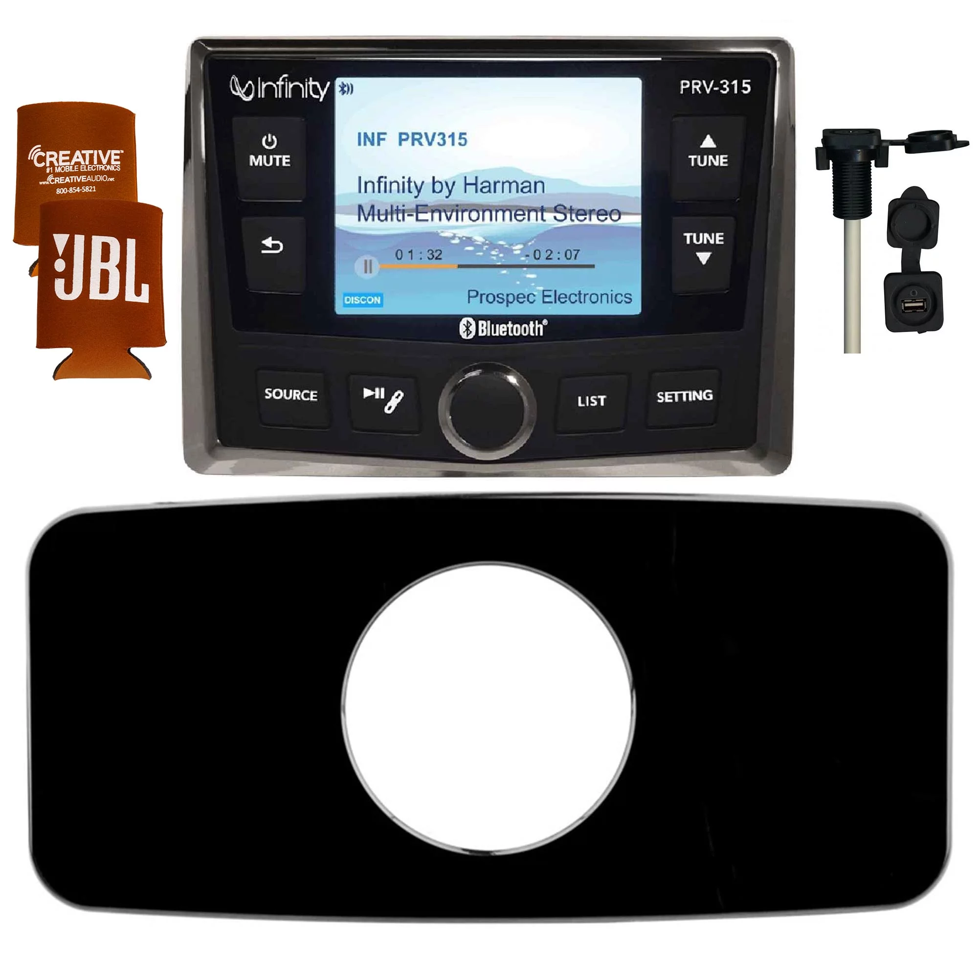 Infinity PRV-315 Waterproof Radio With Stinger SEADASH3B Universal Marine 3″ Radio Dash Kit, And SMRAUXUSB3 Usb/Aux