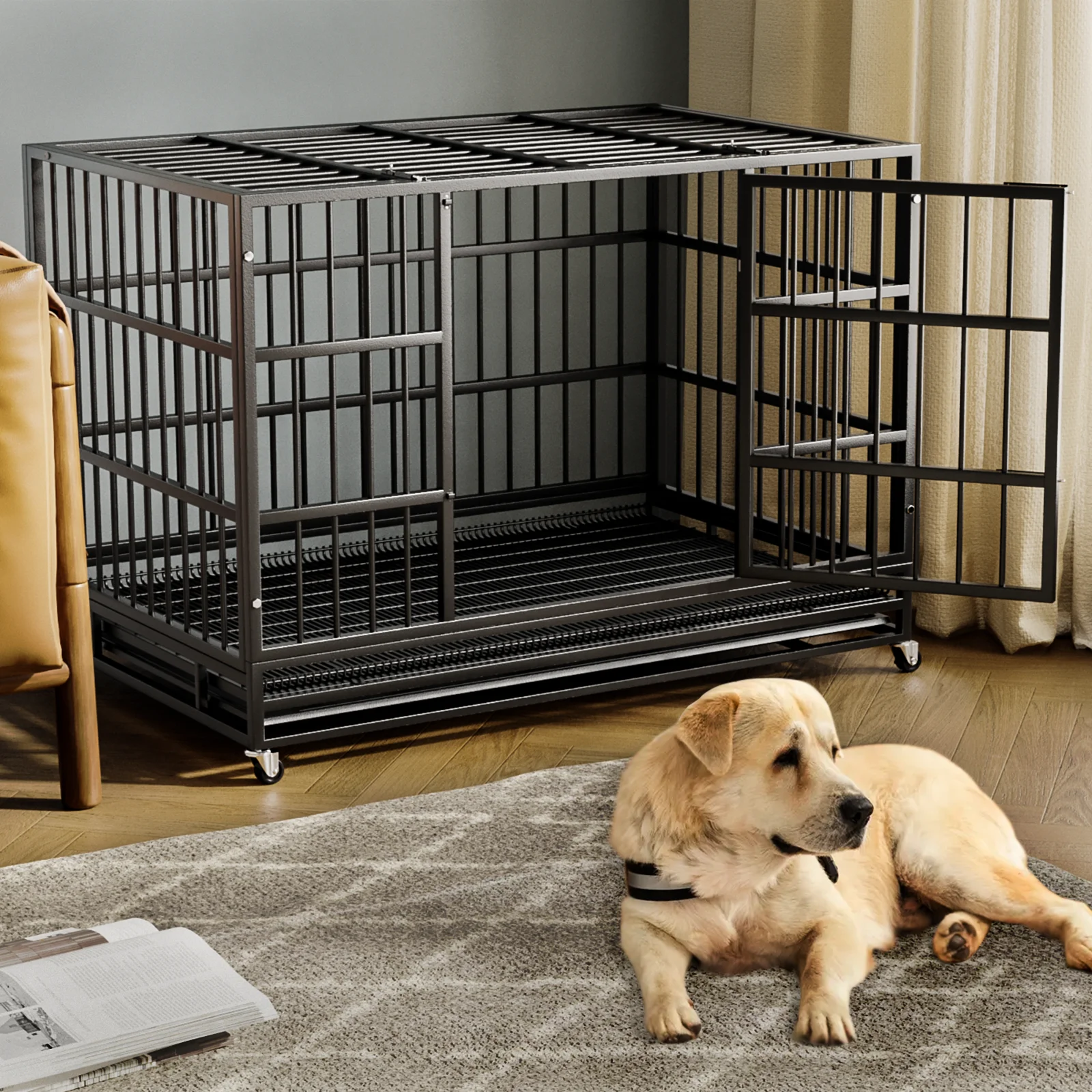 Waleaf 48 Inch Heavy Duty Dog Crate Cage with Wheels for Indoor and Outdoor, Large Dog Kennel with Removable Tray