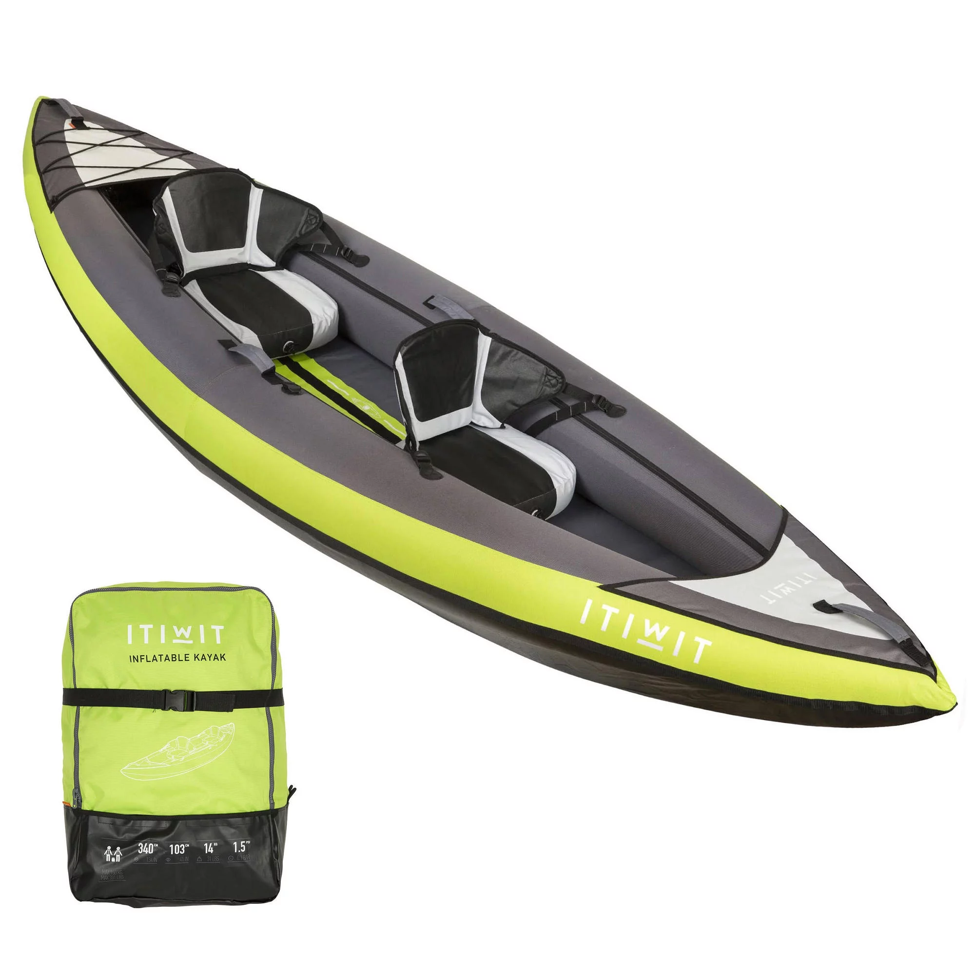 Decathlon Itiwit Inflatable Recreational Sit on Kayak with Pump, 1 or 2 Person, Green