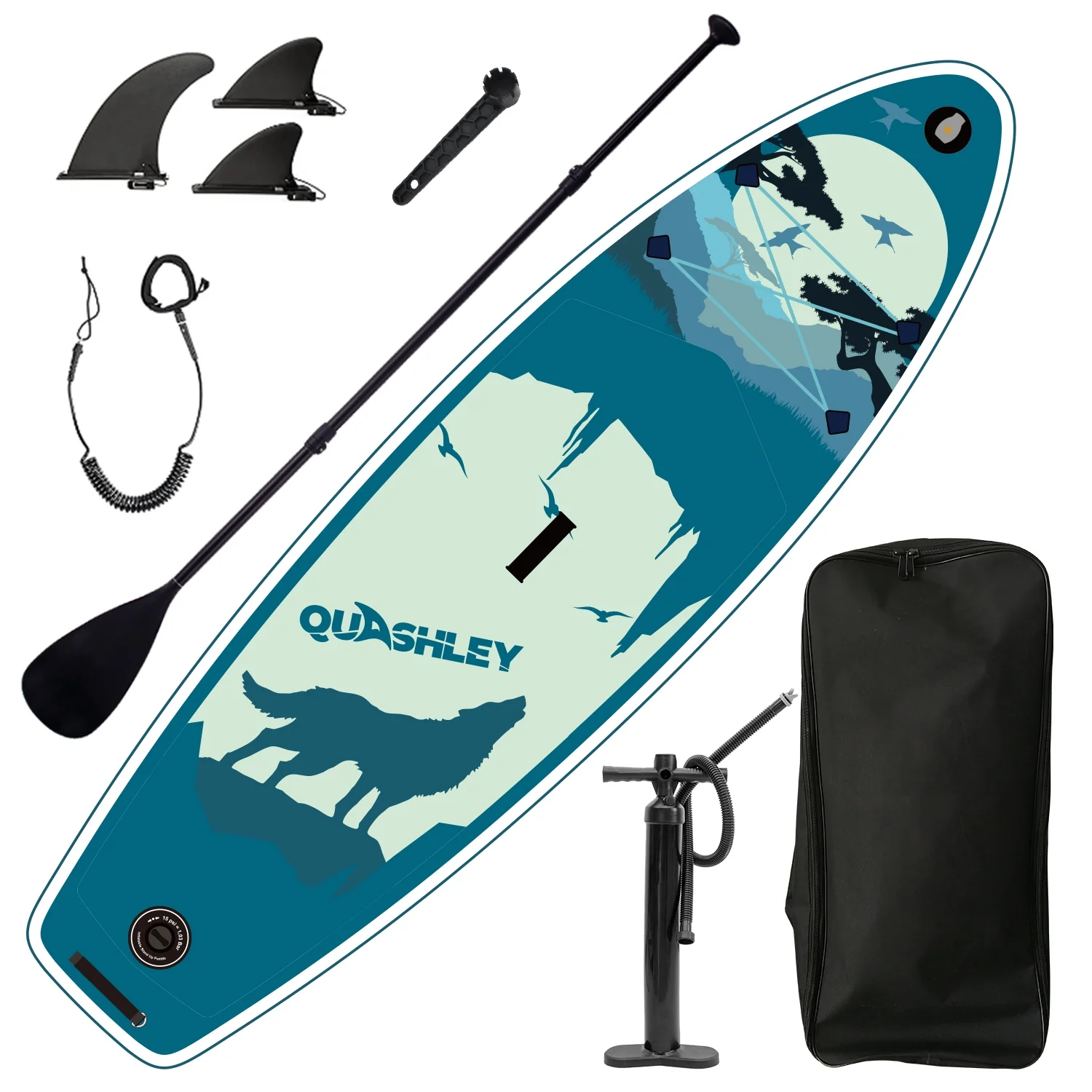 Kadyn Inflatable Stand Up Paddle Board with 3 Fin, Pump, Safety Leash, Backpack and Removoble Paddle, Quashley Pattern, Antique Blue Green