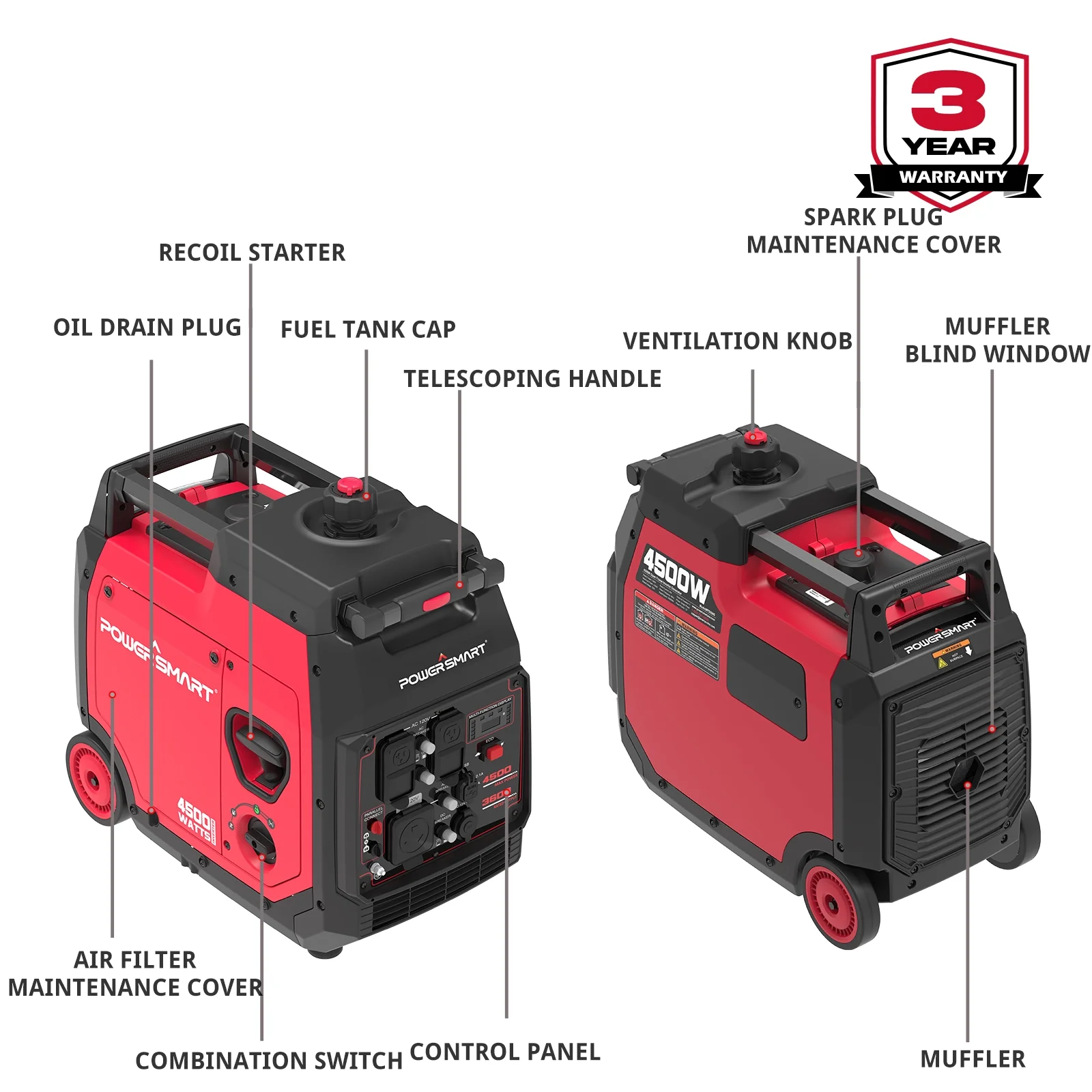 PowerSmart 4500 Watt Portable Inverter Gas Generator, Outdoor, Low Noise