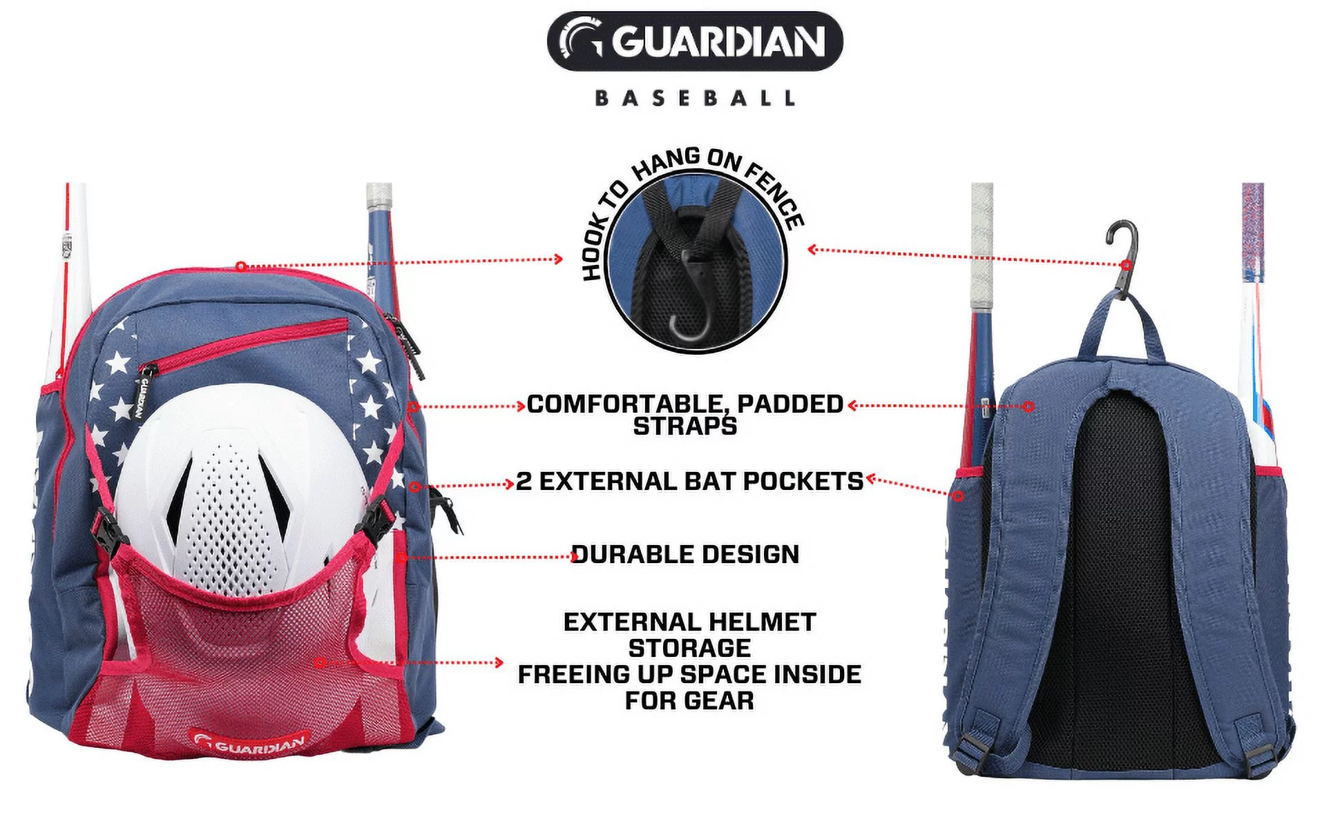 Guardian Rookie Baseball Bag For Youth – Kids Bat Pack ?C For Boys or Girls ?C Holds Two Bats ?C Hook For Fence + Helmet Holder