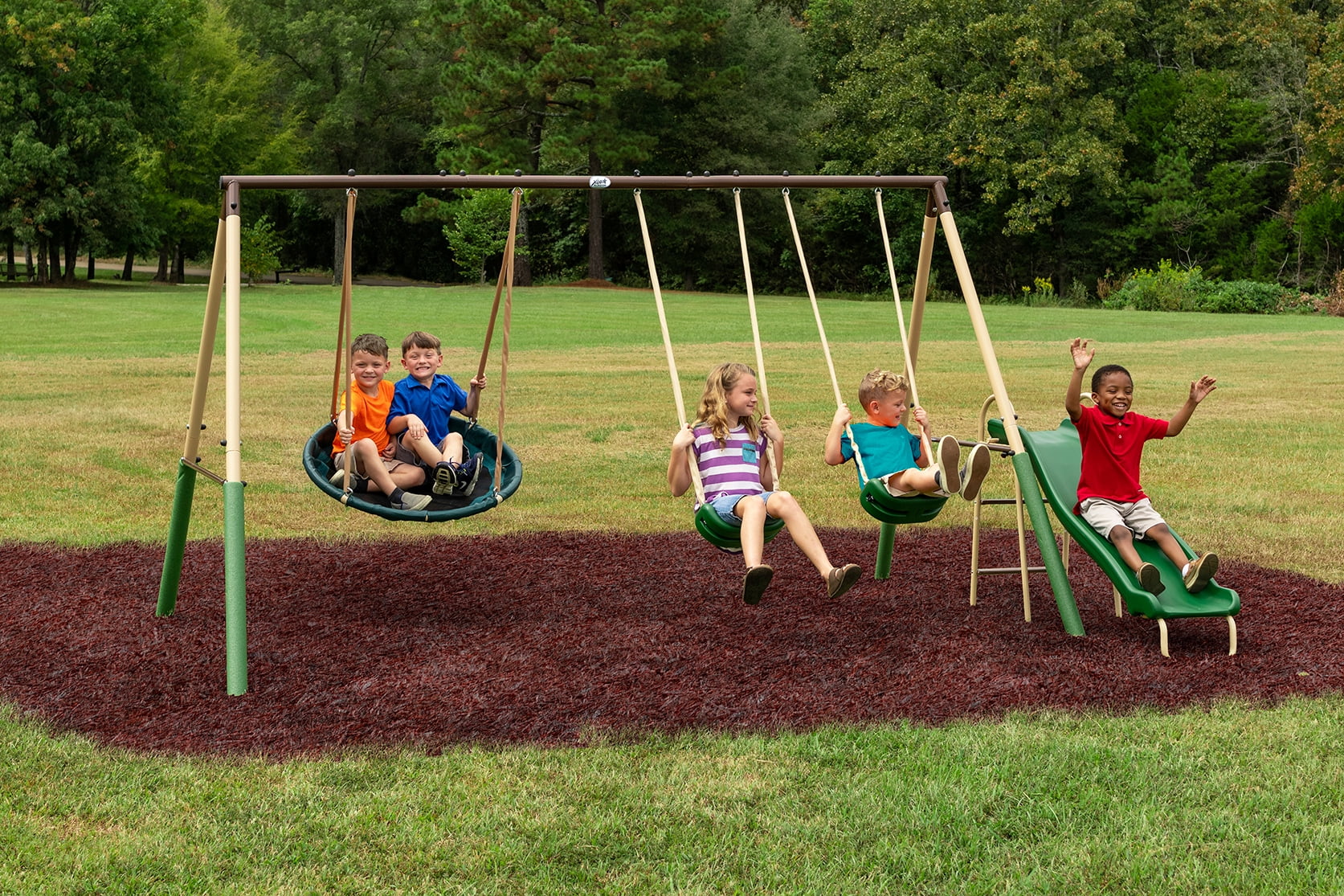 XDP Recreation Super Disc Steel Swing Set with Disc Swing, Swing Seats, Wave Slide