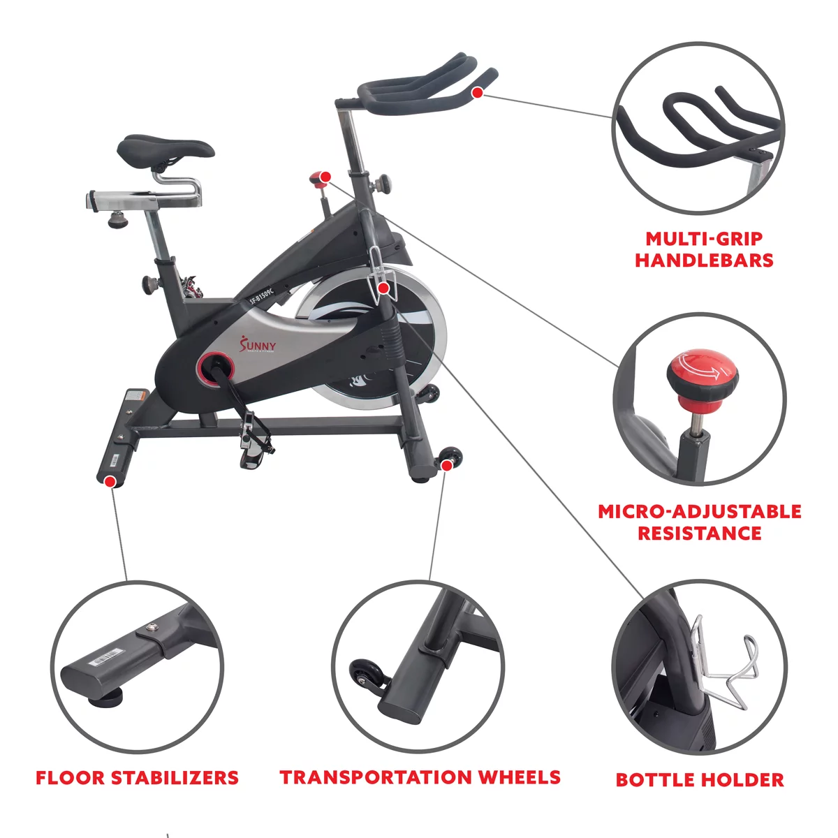 Sunny Health & Fitness Stationary Belt Drive Indoor Cycling Exercise Bike with 40 Lb., Flywheel for Home Cardio Training, SF-B1509