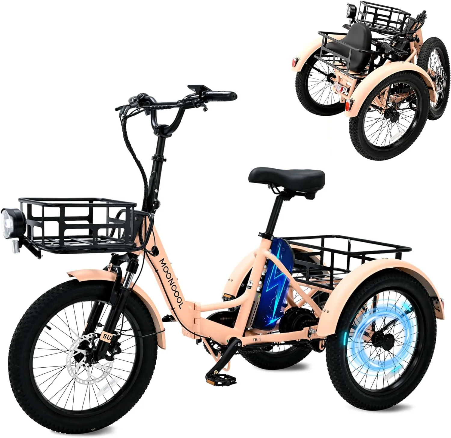 MOONCOOL 24″/26″ Electric Tricycle for Adults, 350W 36V 7 Speeds Electric Trike Motorized Three Wheel Electric Bikes Bicycle with Large Basket for Women Men