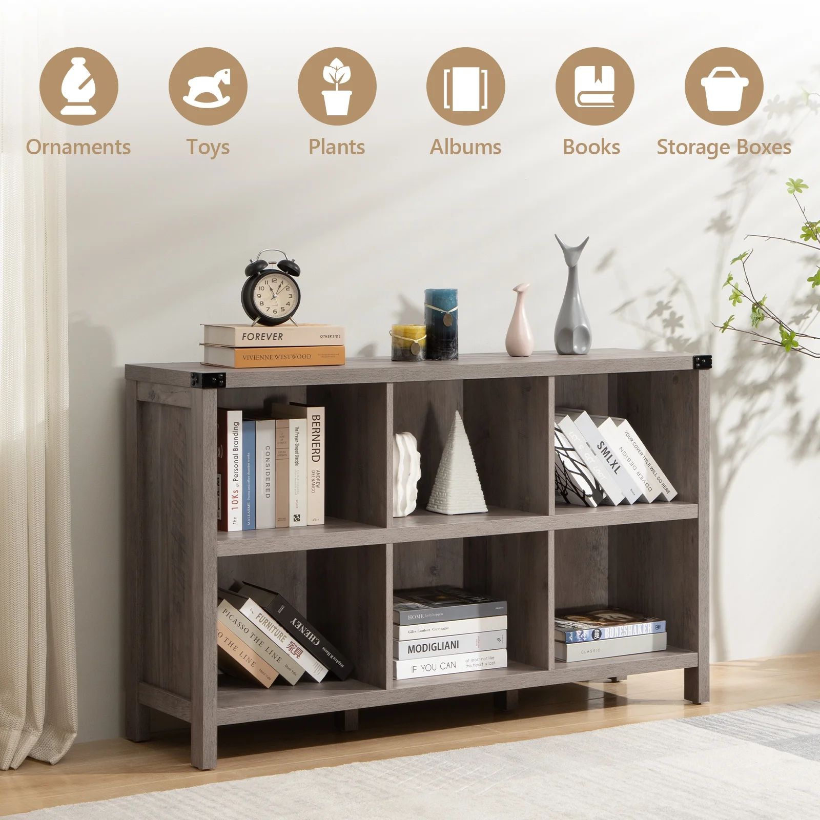 Sanspredet 6 Cube Storage Organizer Wood & Metal Bookcase Short Bookshelf Toy Shelf Cubbies Book Shelves with Storage for Living Room Bedroom Home Office (Grey)