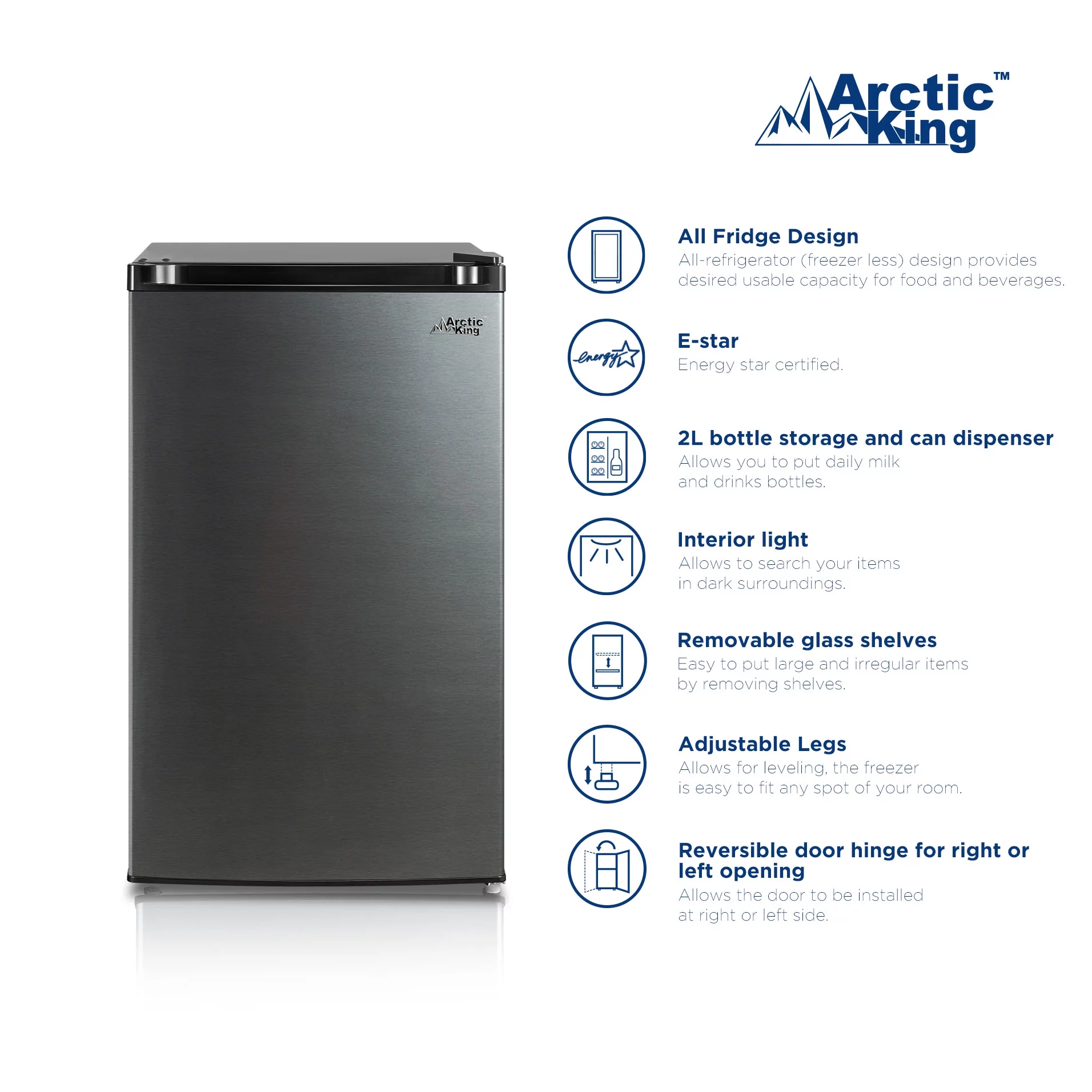 Arctic King 4.4 Cu ft One-Door No Freezer Mini Fridge, Black Stainless Steel Look E-Star, ARM44A5ASL