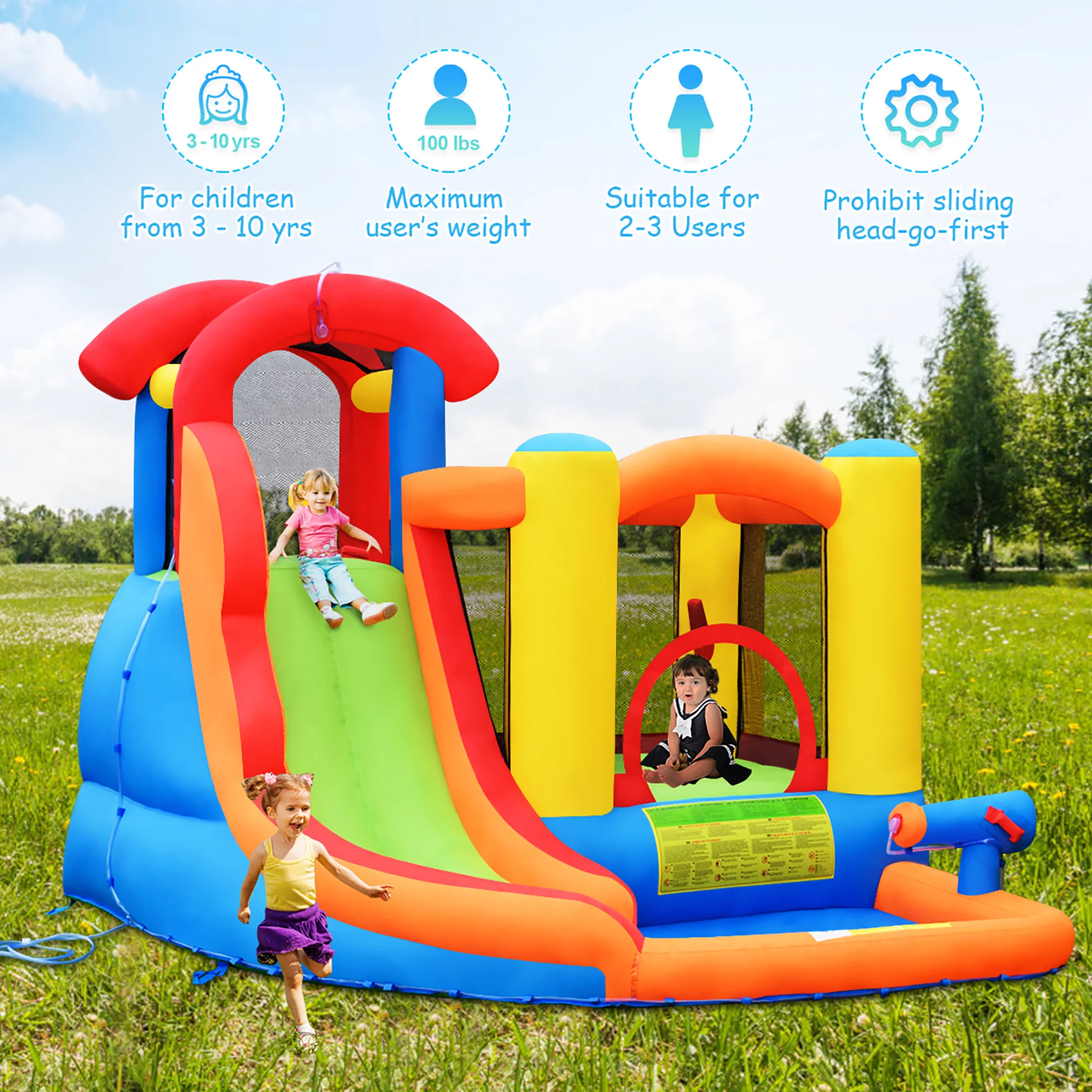 Costway Inflatable Bounce House Water Slide w/ Climbing Wall Splash Pool Water Cannon