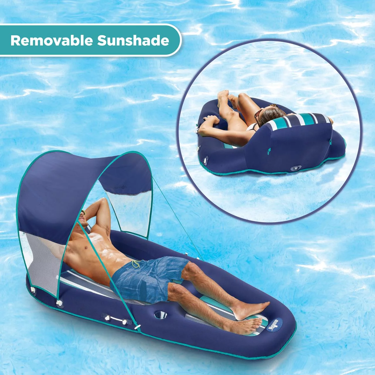 Aqua Leisure Inflatable Pool Lounger Float w/ Sun Canopy & Hand Pump, Blue