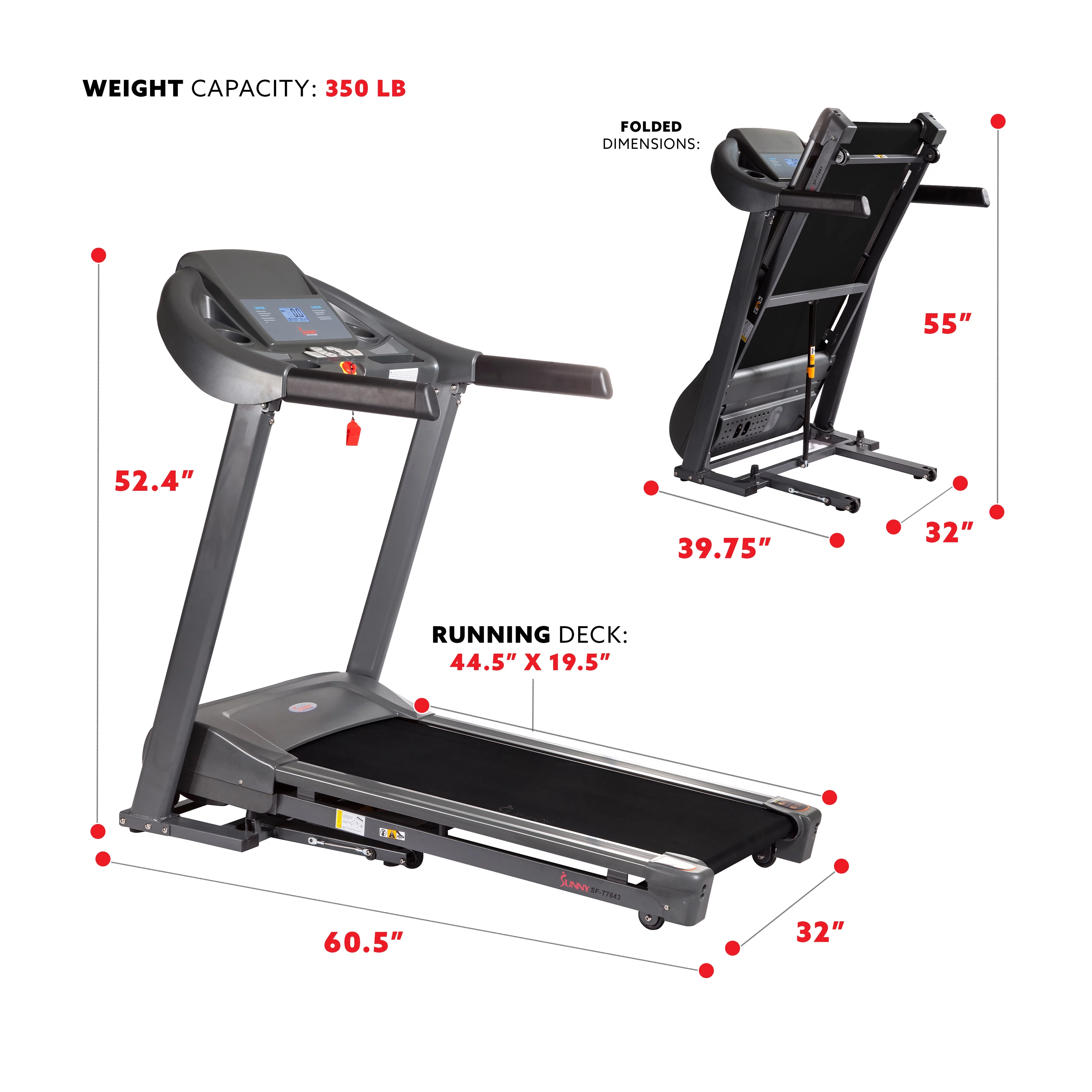 Sunny Health & Fitness Heavy Duty Treadmill for Walking and Running, Home Exercise, 350 lb Capacity & Device Holder, SF-T7643