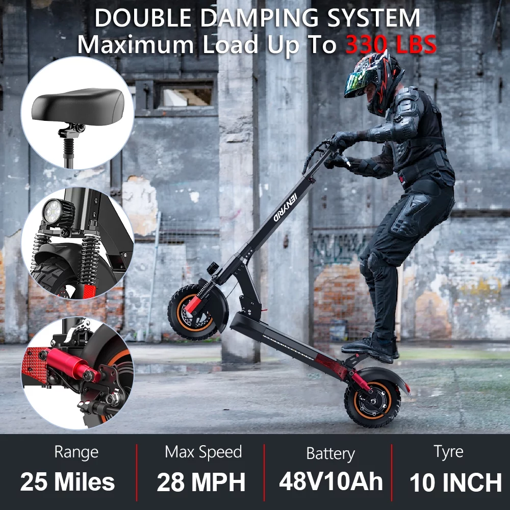 Electric Scooter with Seat 600W Motor Off Road 10 Inch Air-Filled Tires, 25 MPH & 25 Miles Folding E Scooter Kick Scooter with Dual Brake, for Adults Teens Big Kids