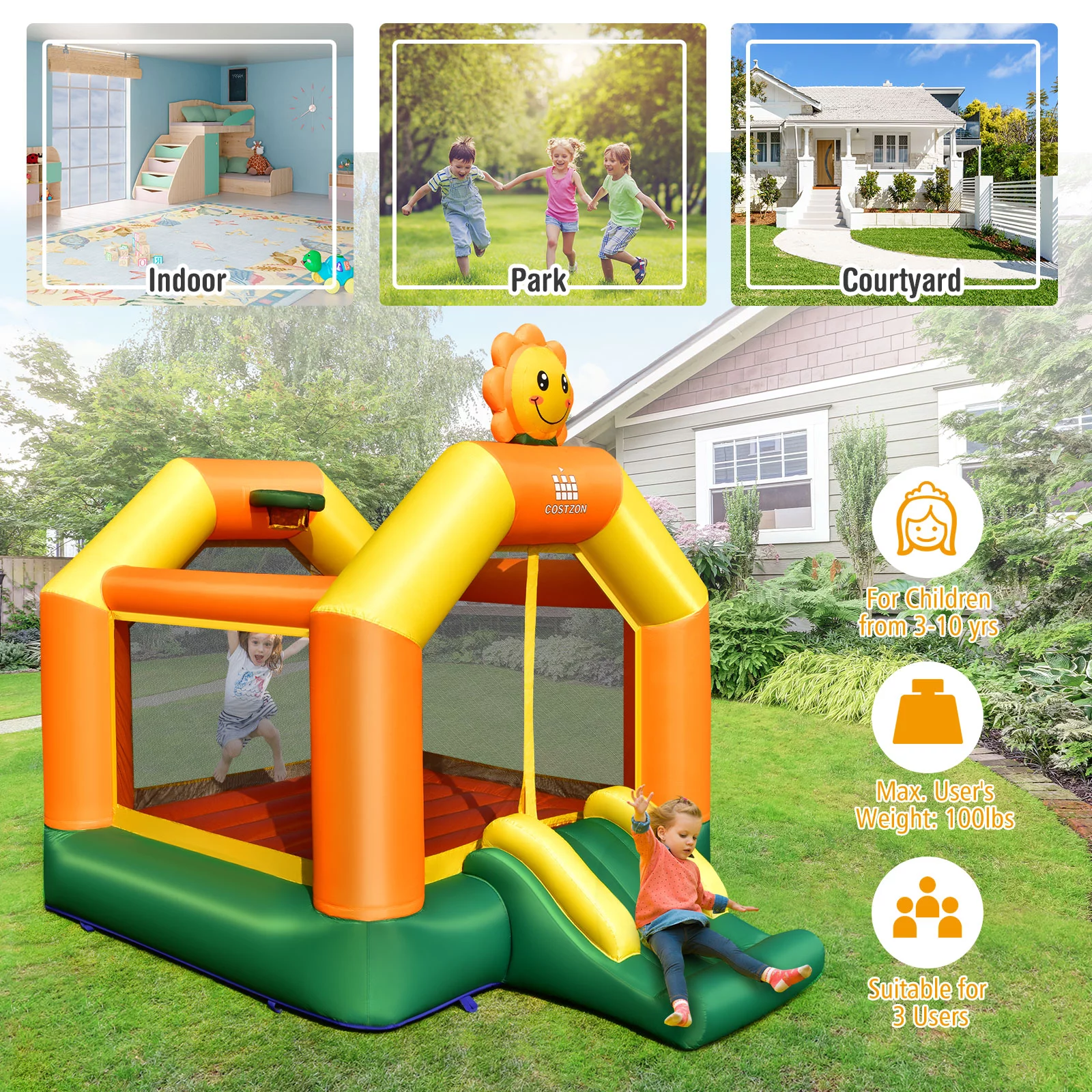 Infans Inflatable Bounce Castle Jumping House Kids Playhouse w/ Slide Blower Excluded