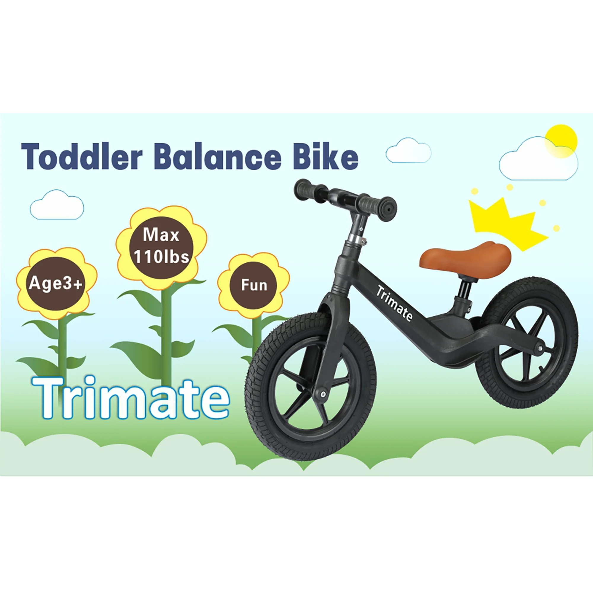 Trimate Toddler Balance Bike, Black – No Pedal Sport Bike for 3-5 Year Olds, 12″ Inflated Tire, Perfect Gift for Boys and Girls with Inseam 16″ – 21″