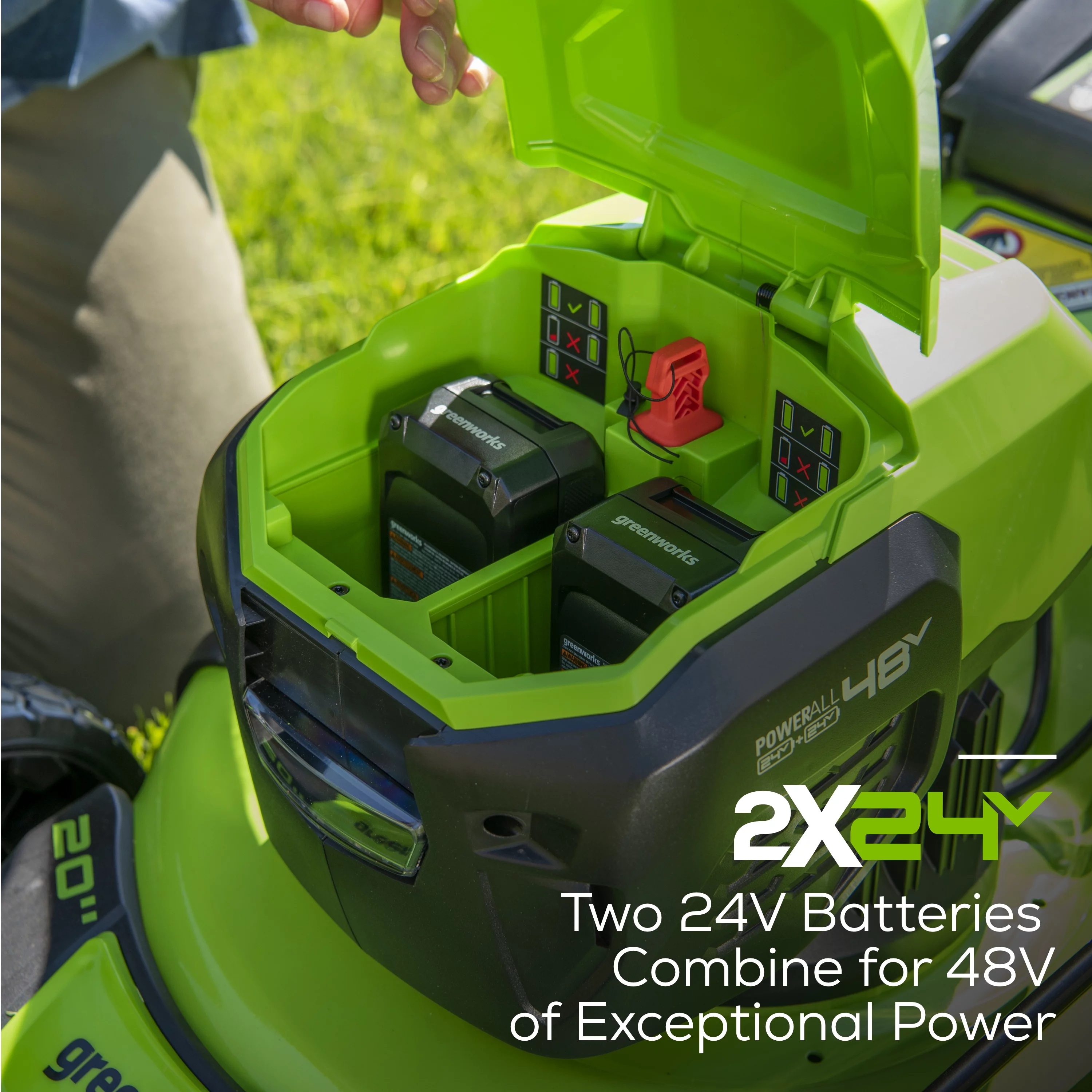 Greenworks 48V 20″ Battery-Powered Lawn Mower Two (2) 4.0Ah USB Batteries & Charger