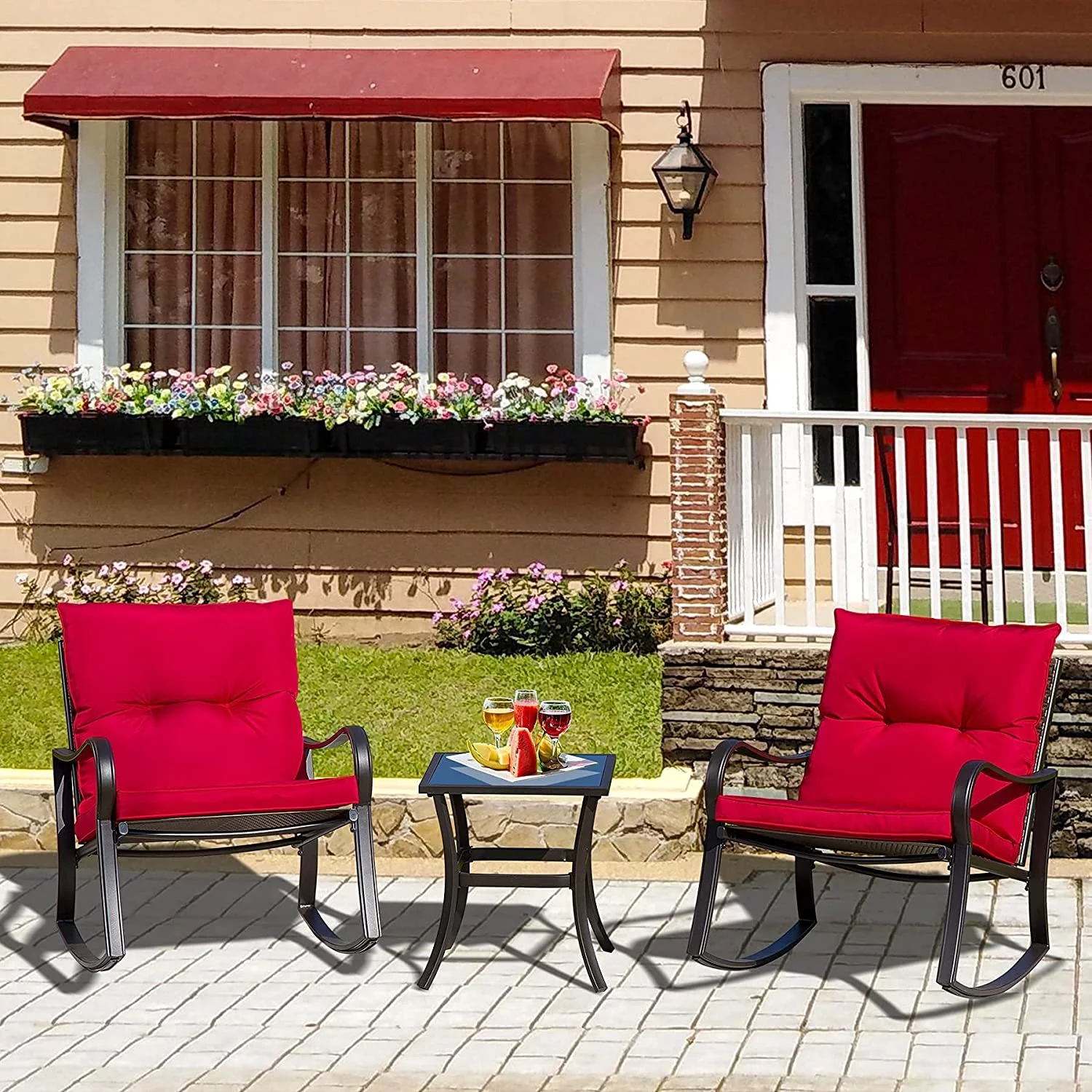 Domi Outdoor Living 3 Pieces Bistro Set Rocking Chairs Thickened Cushion and Glass Top Table (Blue)