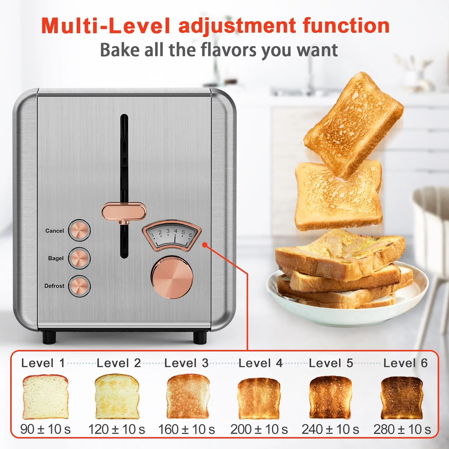 WHALL 2 Slice Toaster – Stainless Steel Toaster with Wide Slot, 6 Shade Settings, Bagel Function, Removable Crumb Tray