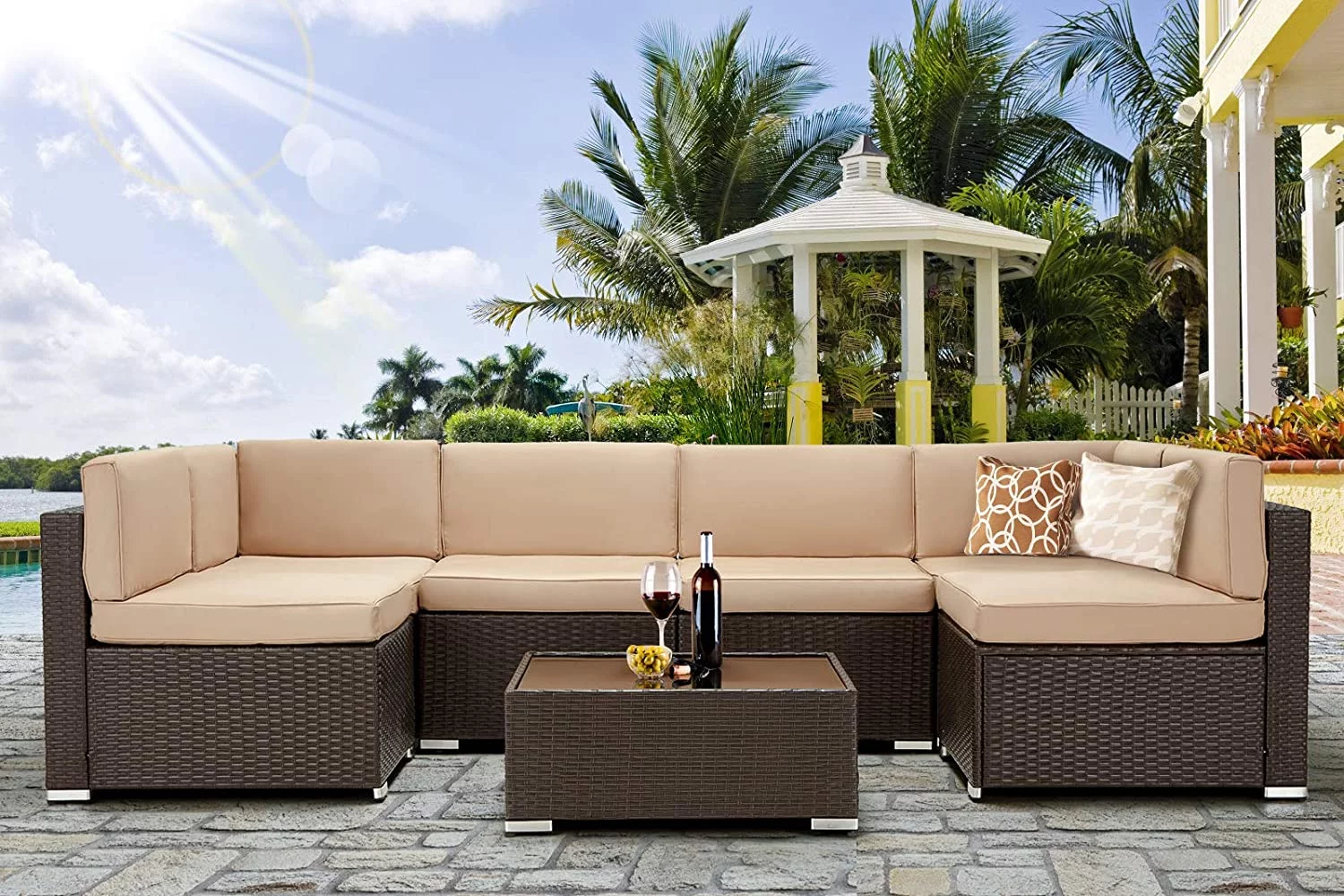 Danrelax 7-Piece Outdoor Sectional Sofa Patio Conversation Set, PE Rattan Wicker Furniture, Steel Frame, Brown