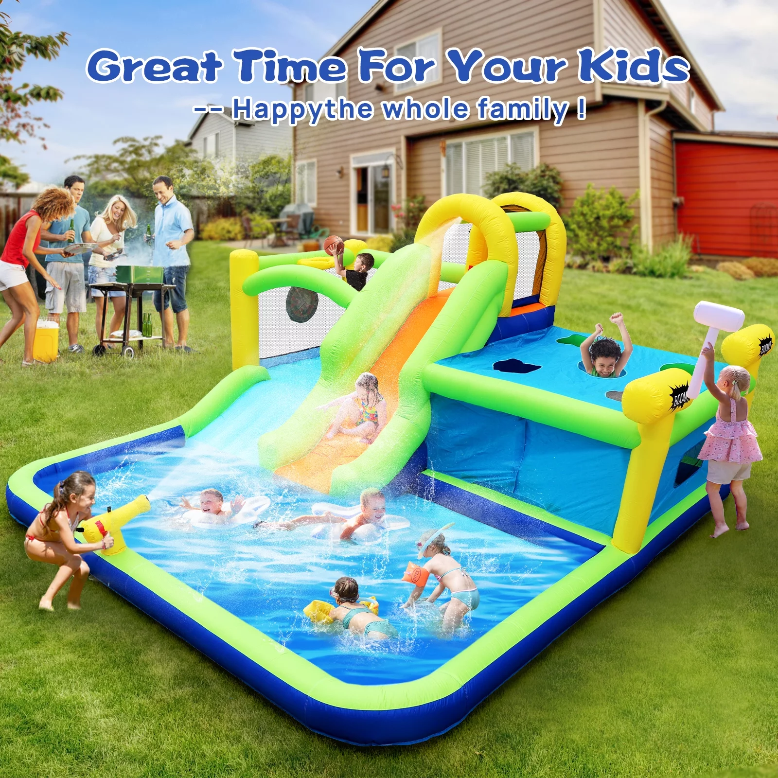 Track 7 Inflatable Water Park,7 in 1  Inflatable Bounce House Slide Long Slide Water Park with Whack a Mole Games & Splash Pool & Target Games & Water Gun & Climbing Wall & Basketball & Air Blower