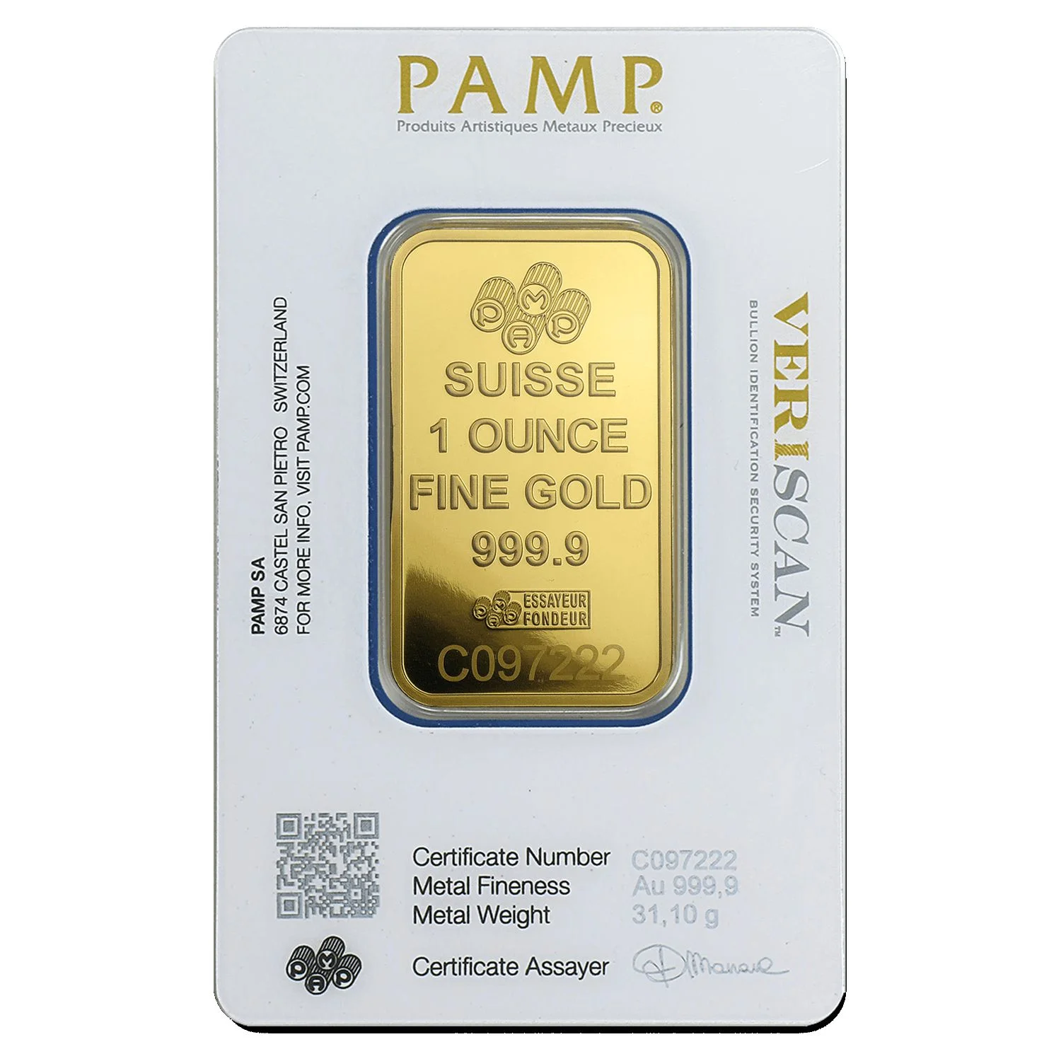 1 oz Pamp Suisse Gold Bar Lady Fortuna Veriscan in Assay