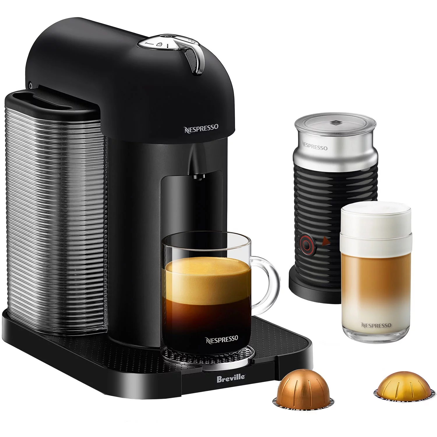 Breville Nespresso Vertuo Coffee & Espresso Single-Serve Machine in Chrome and Aeroccino Milk Frother in Black