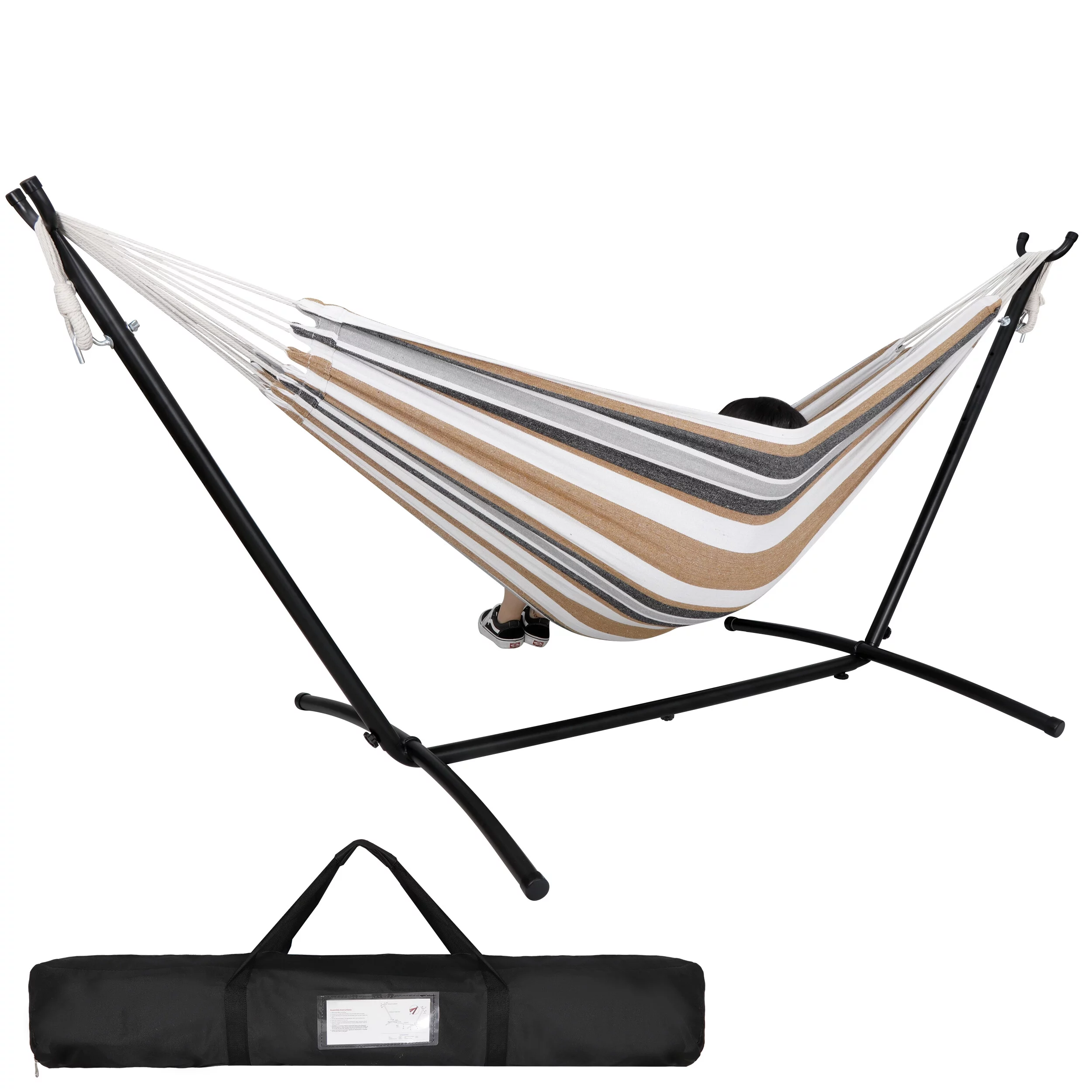 HomGarden Portable Double Outdoor Hammock W/9FT Stand Set,Carry Case, 78.7?? L x 61?? W, Brown