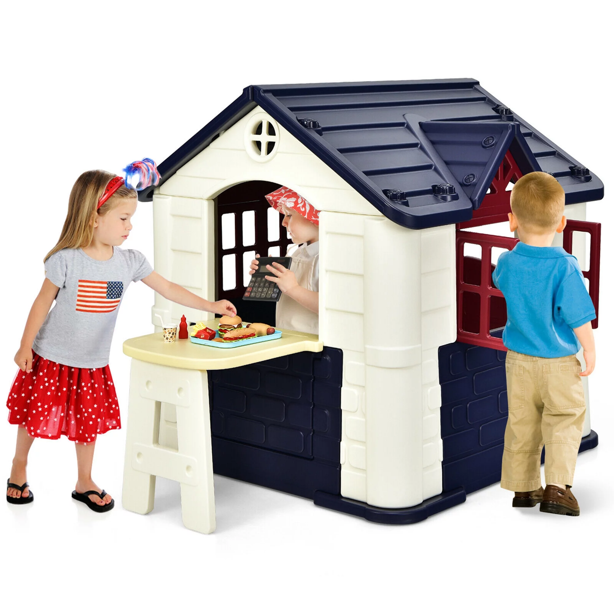 Gymax Kid’s Playhouse Games Cottage w/ 7 PCS Toy Set & Waterproof Cover Blue