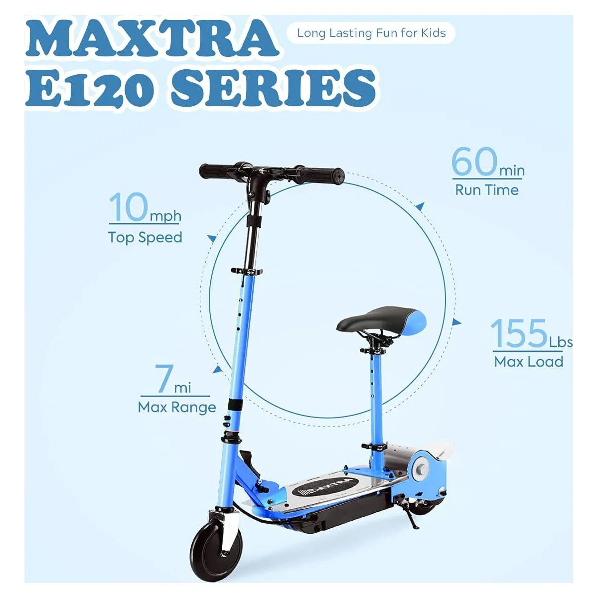 MAXTRA E120 Electric Scooter with Seat for Kids Ages 6-12, 60 Mins Long Battery Life, Removable Seat 2 Riding Styles, 155lbs Max Load, Light Blue