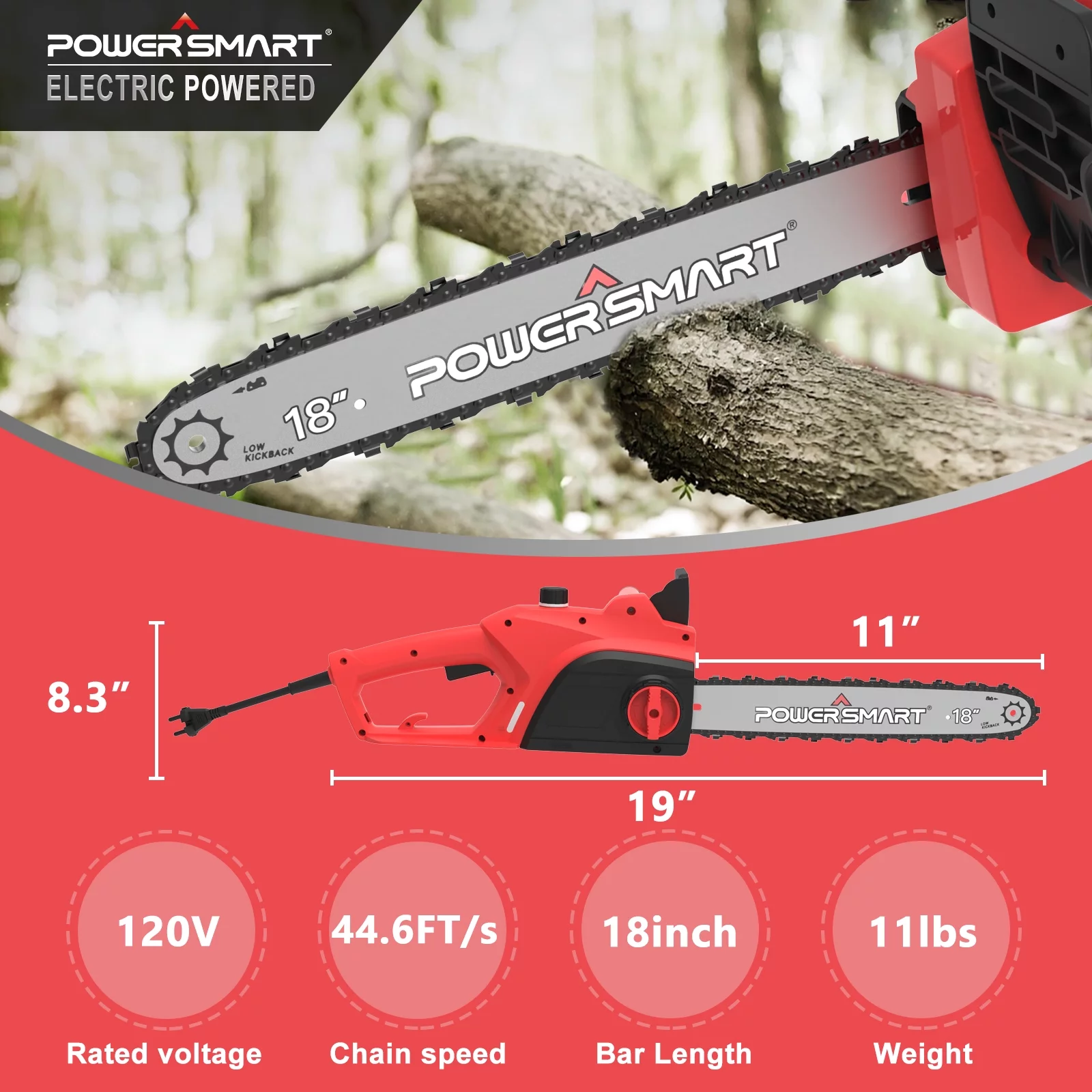 PowerSmart PS8218 18 inch Pruning Corded Electric Chainsaw, 120V 15Amp  Power Chainsaw for Wood Cutting