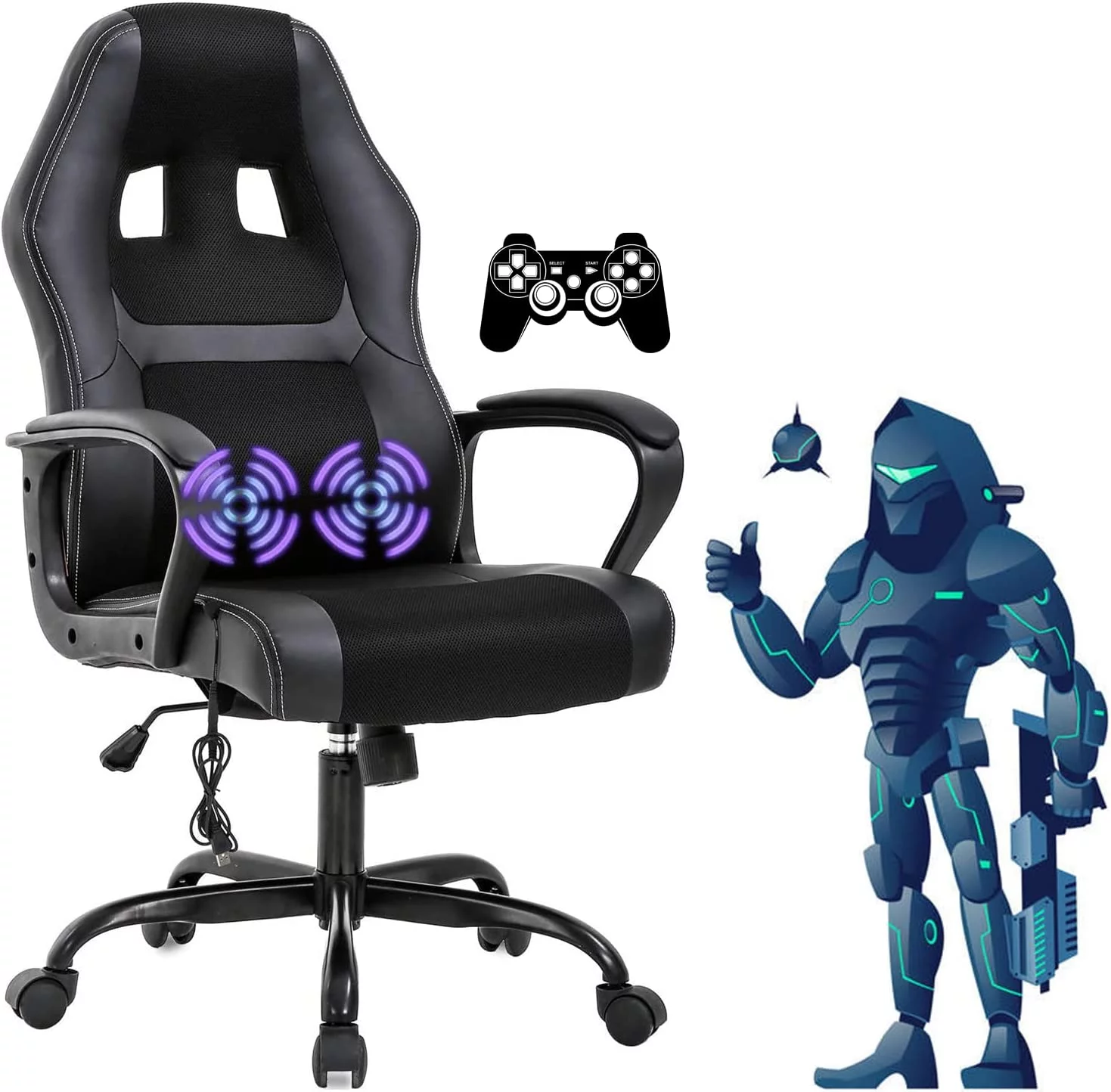 Dkelincs Gaming Chair Massage Computer Chair Ergonomic Video Game Chairs, Adjustable Office Desk Chair with Lumbar Support & Armrest for Teens & Children, Black