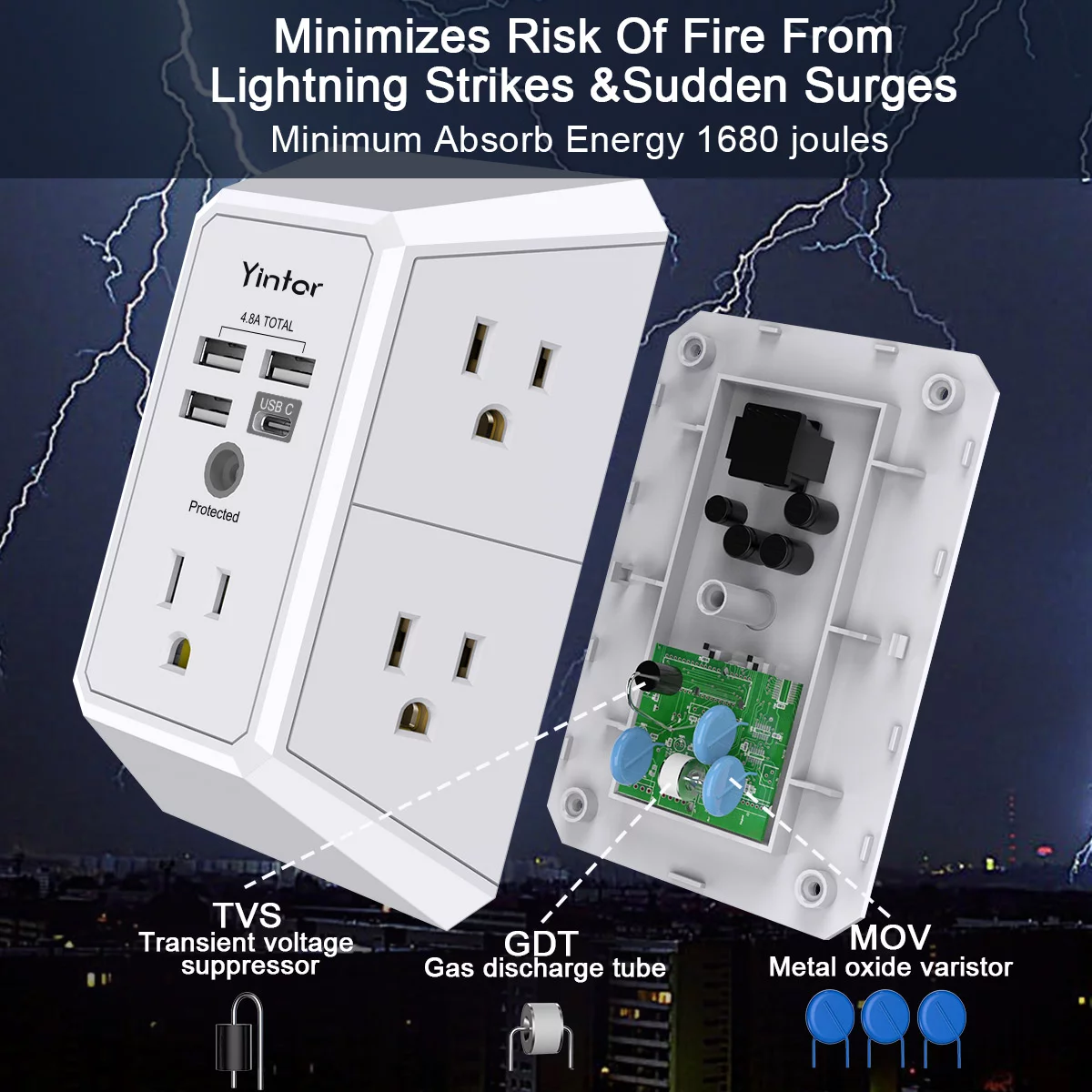 Surge Protector, 5 Outlets Extender with 4 USB PortsUSB C, 3-Side 1800J