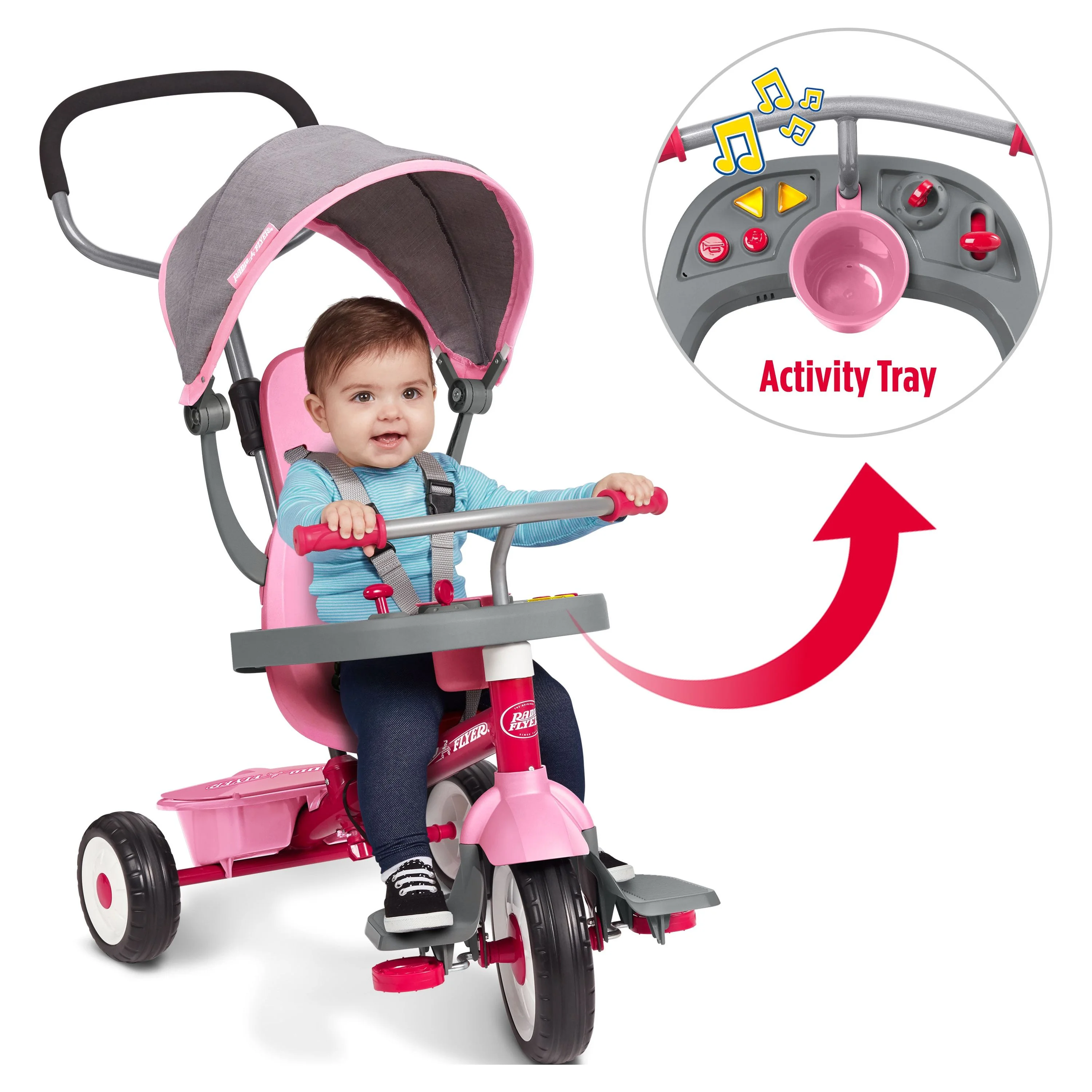 Radio Flyer, 4-in-1 Stroll ‘N Trike with Activity Tray, Red & Gray, Convertible Tricycle