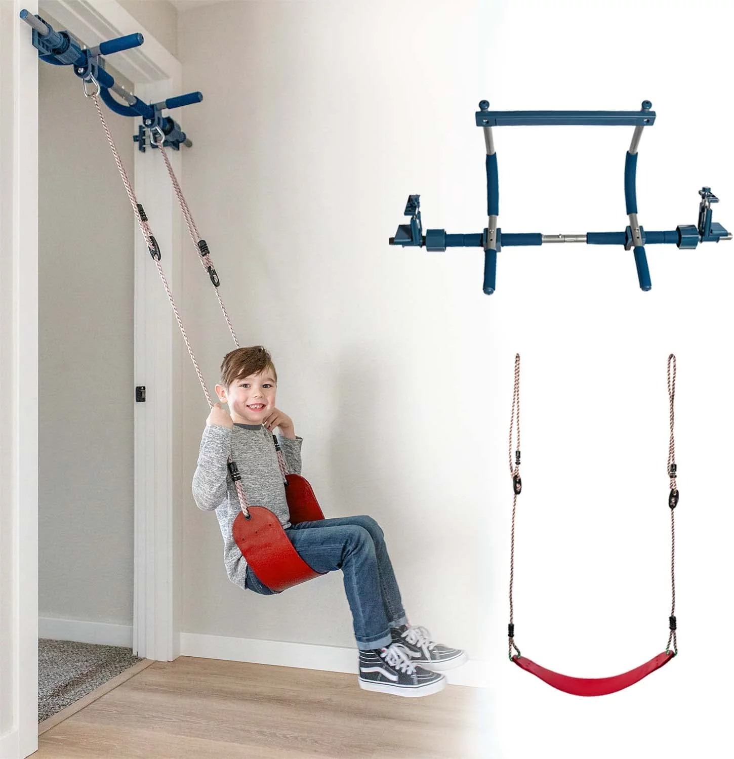 Gym1 – Deluxe Indoor Doorway Gym for Kids Playground Set – All in One Gym Set – Four Ways of Fun: Blue Indoor Swing, Plastic Rings, Climbing Ladder, and Pull Up Bar