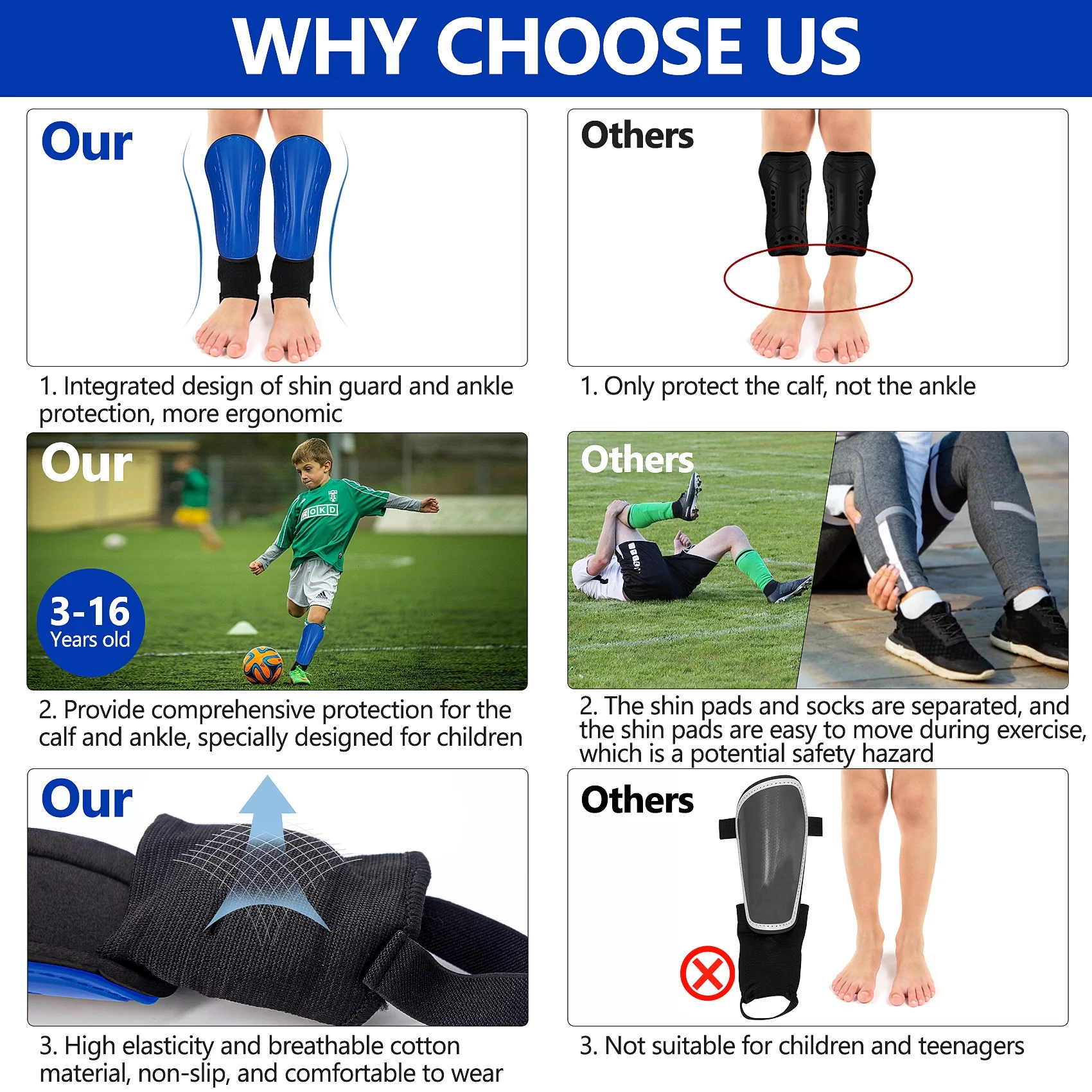 Huryfox Children’s Football Pads, Junior Football Leg Guards, Blue, Small