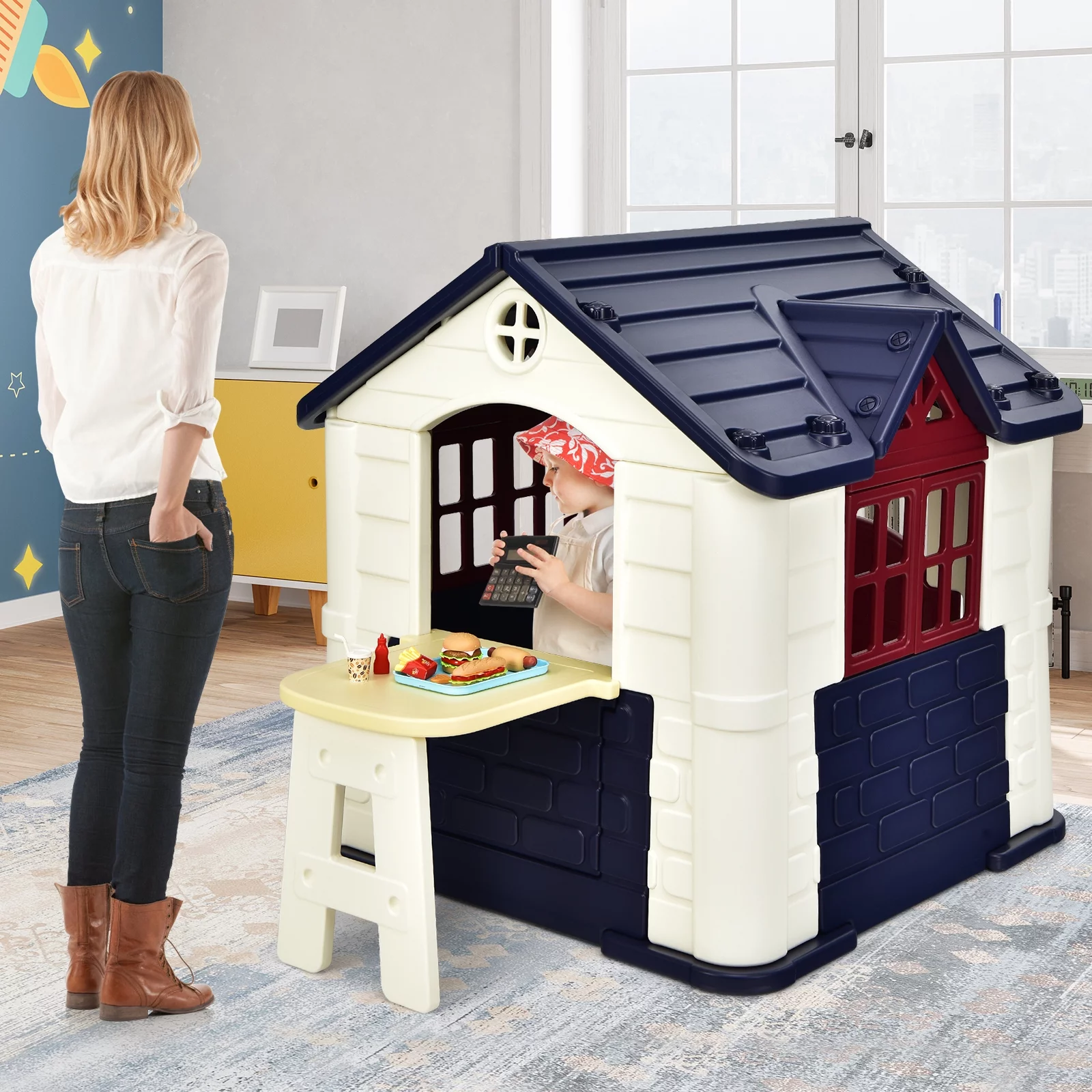 Infans Kid’s Playhouse Games Cottage w/ 7 PCS Toy Set & Waterproof Cover Blue