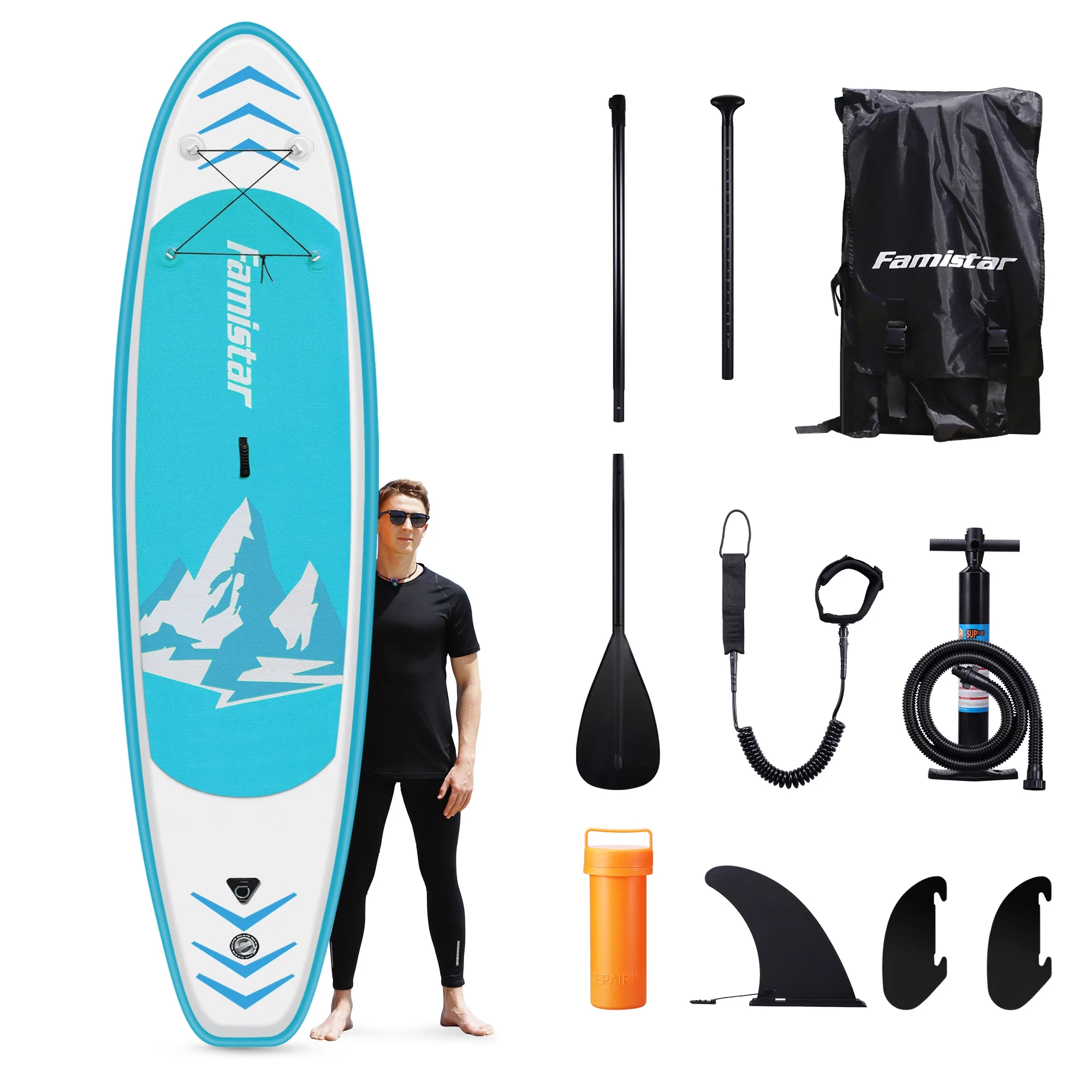 Famistar 8’7″ Inflatable Stand Up Paddle Board SUP w/ 3 Fins, Adjustable Paddle, Pump & Carrying Backpack