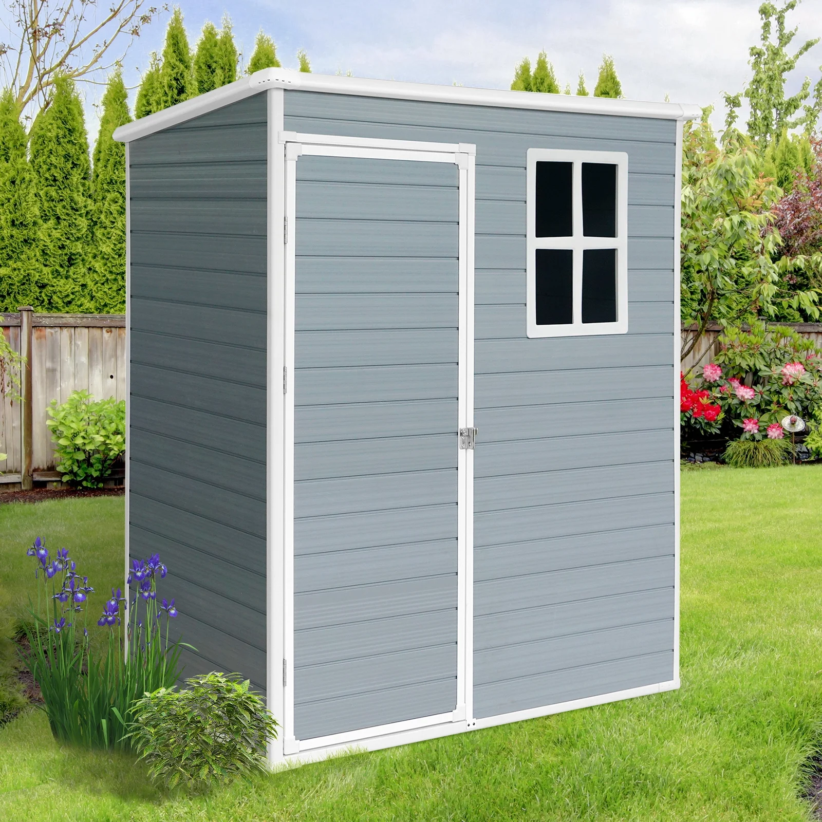 6′ x 4.4′ Plastic Outdoor Shed, All-Weather Resin Large Backyard Storage Sheds with Reinforced Floor, Lockable Door Garage Patio Garden Storage Shed